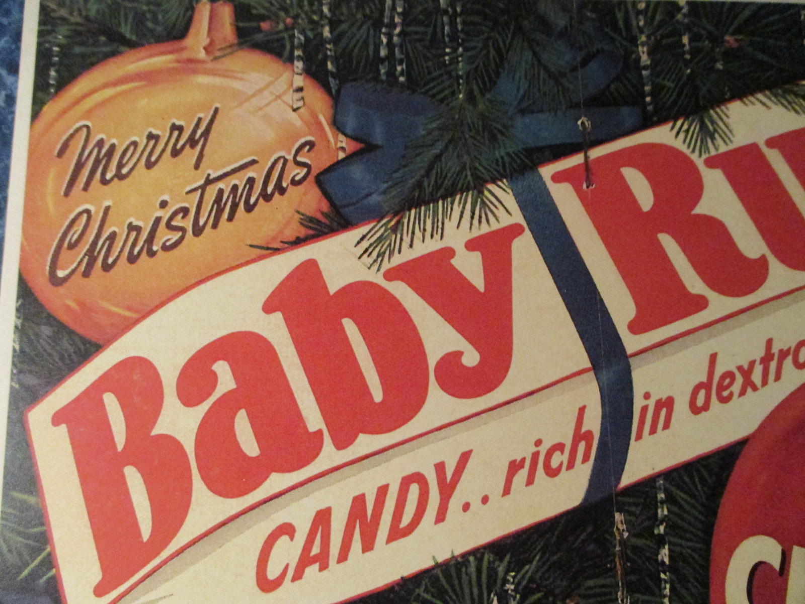 Vintage 1950’s Christmas Tree Advertising Grocery Sign Baby Ruth Ornaments
