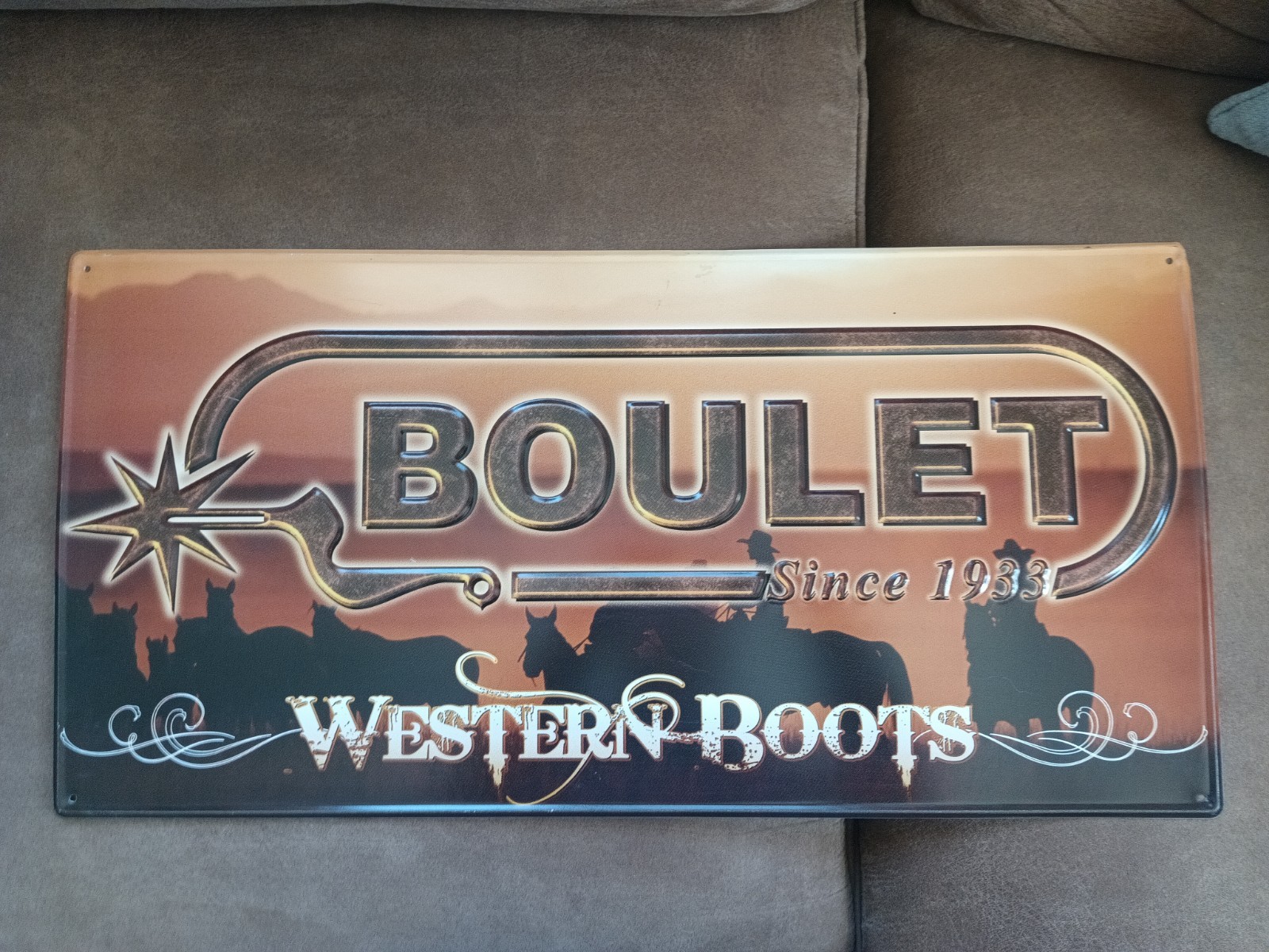 Vintage Boulet Western Boots Embossed Tin Advertising Store Display Sign
