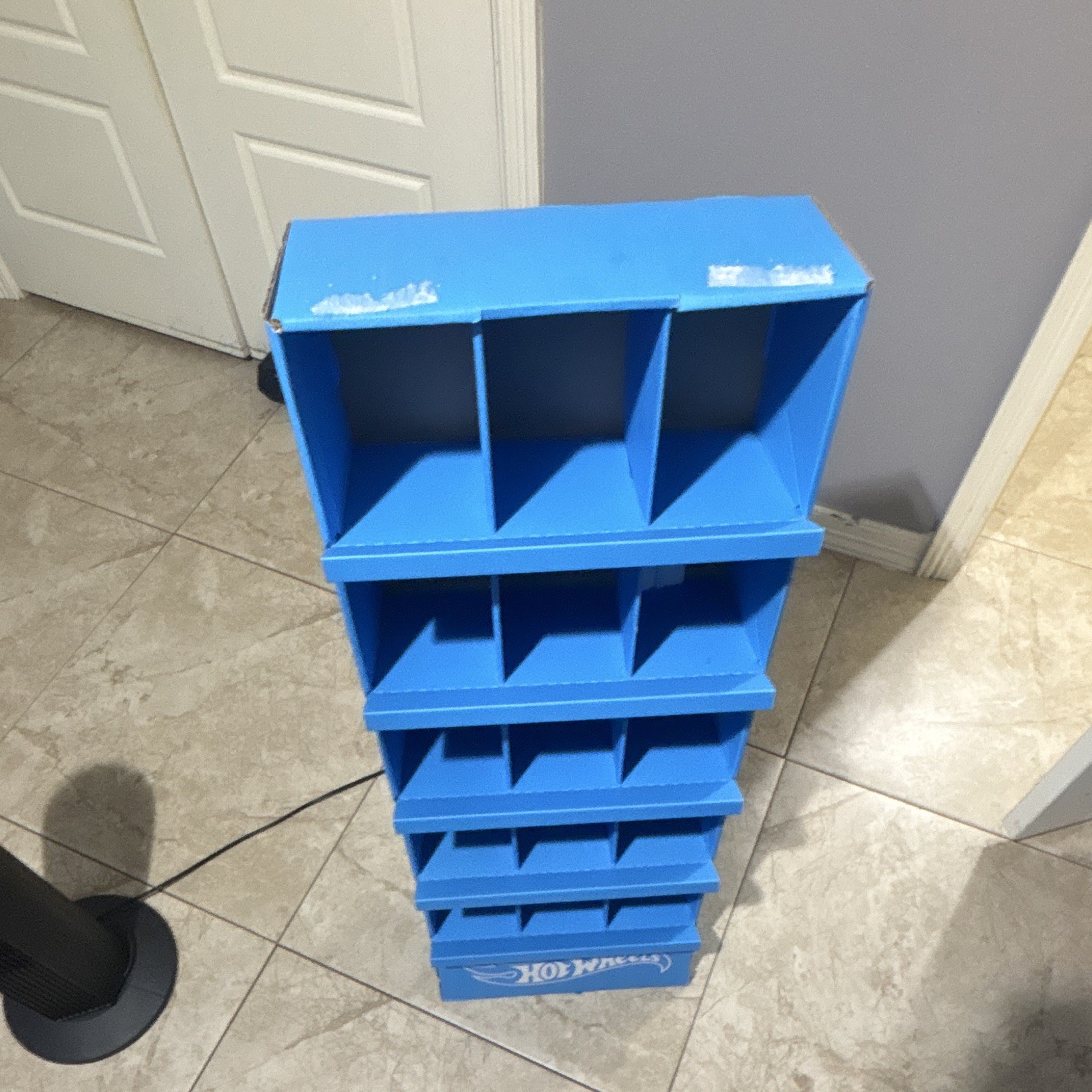 Hot Wheels Blue & White Cardboard Store Display Rack Stand, Multi-Compartment