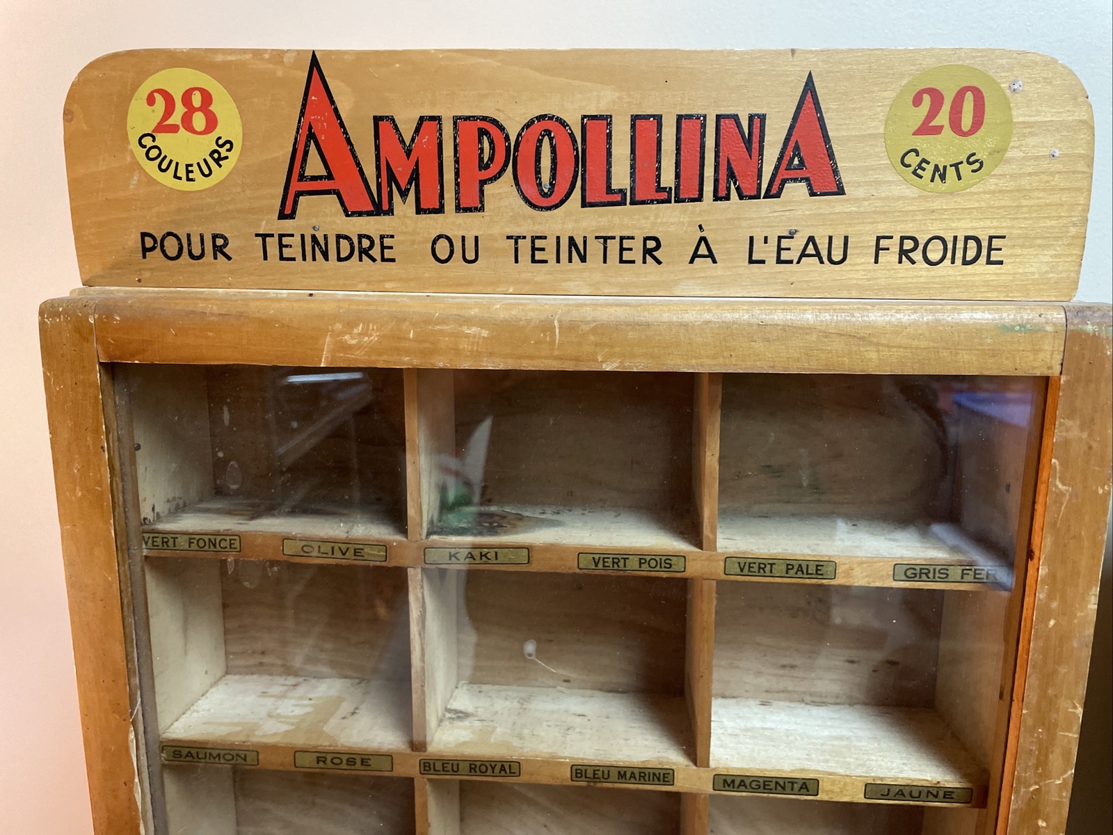 Early Circa 1930’s Ampollina Dyes Wooden Store Display Cabinet, Glass Front