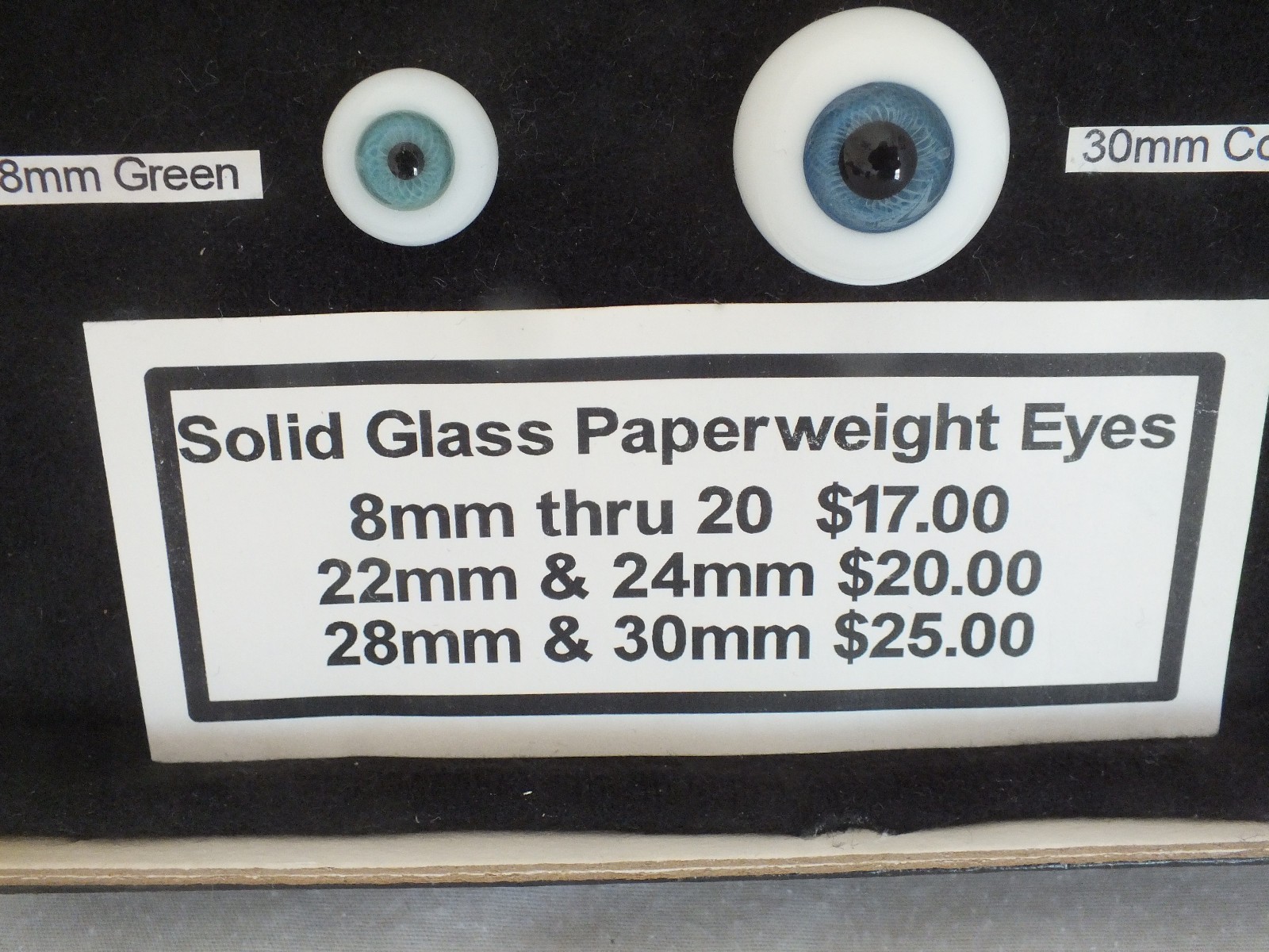 GLASS PAPERWEIGHT DOLL EYES eyeball Store DISPLAY cardboard glass front case vtg