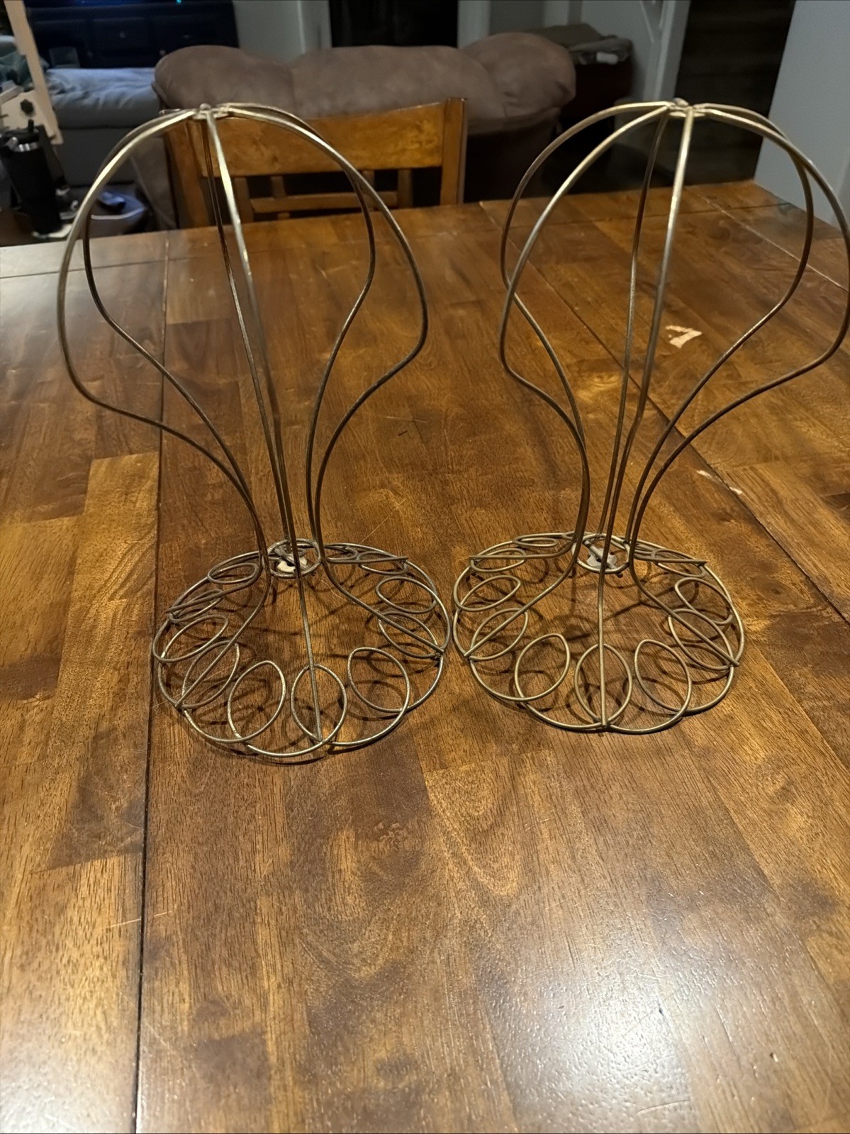Pair Of Vintage MCM Gold Metal Wire Store Display Hat Or Wig Stand 12 Inch Tall
