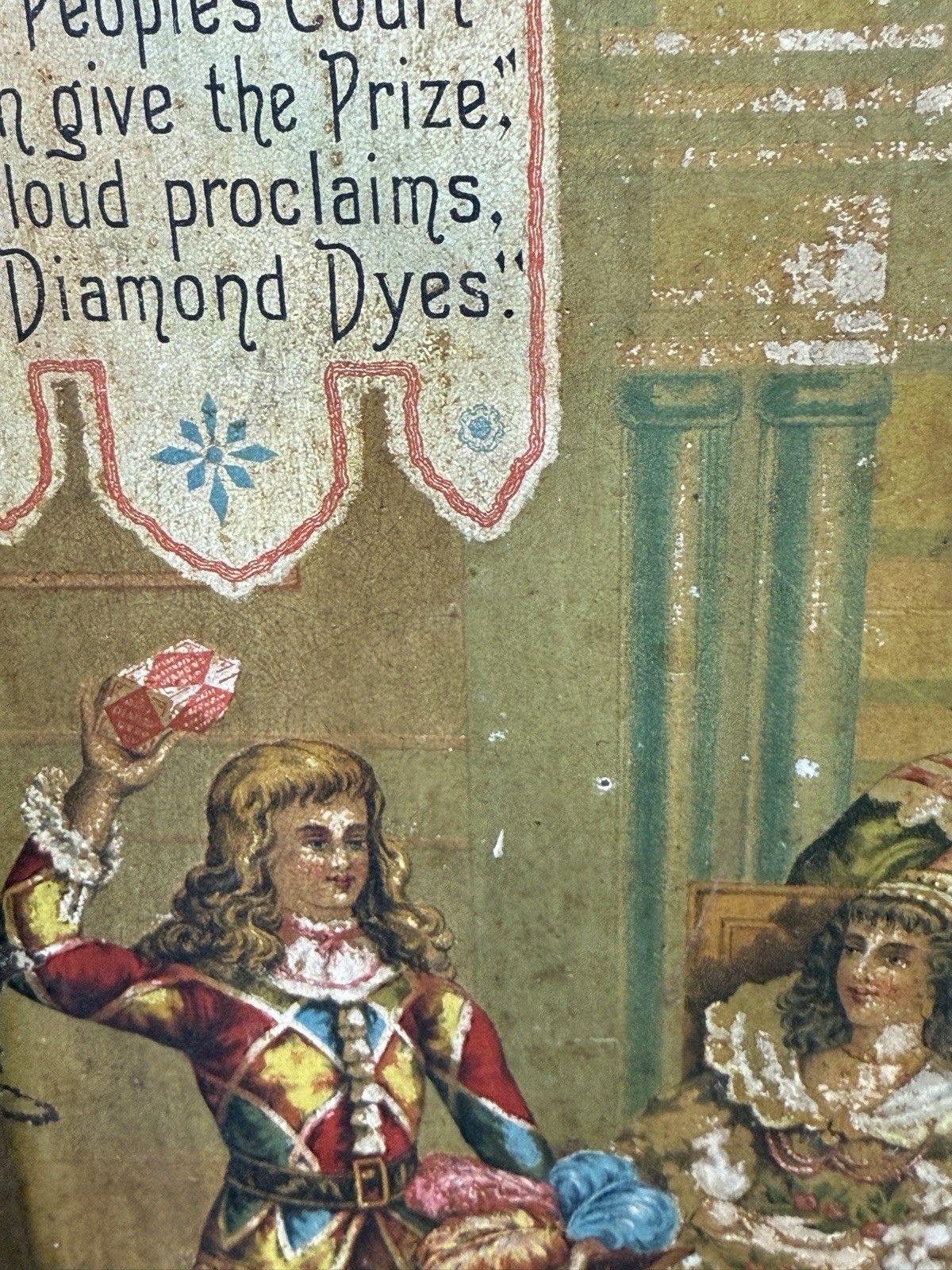Diamond Dyes Display Cabinet – Antique Tin Litho country Store rare jester