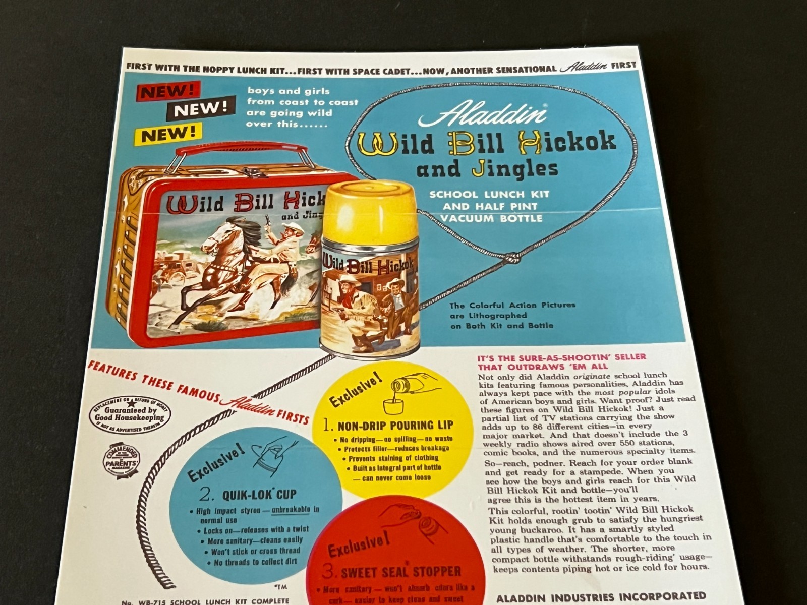 1955 Aladdin Wild Bill Hickok & Jingles School Luch Kit In store Display Sign-