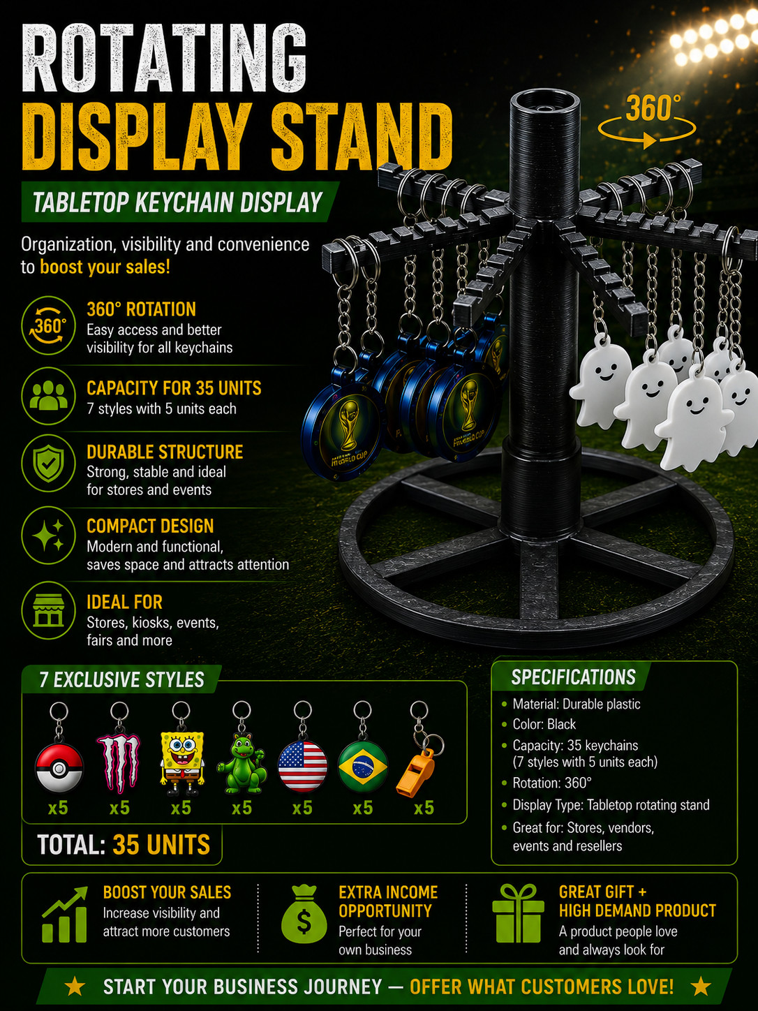 35 custom keychains + rotating display included – perfect for stores