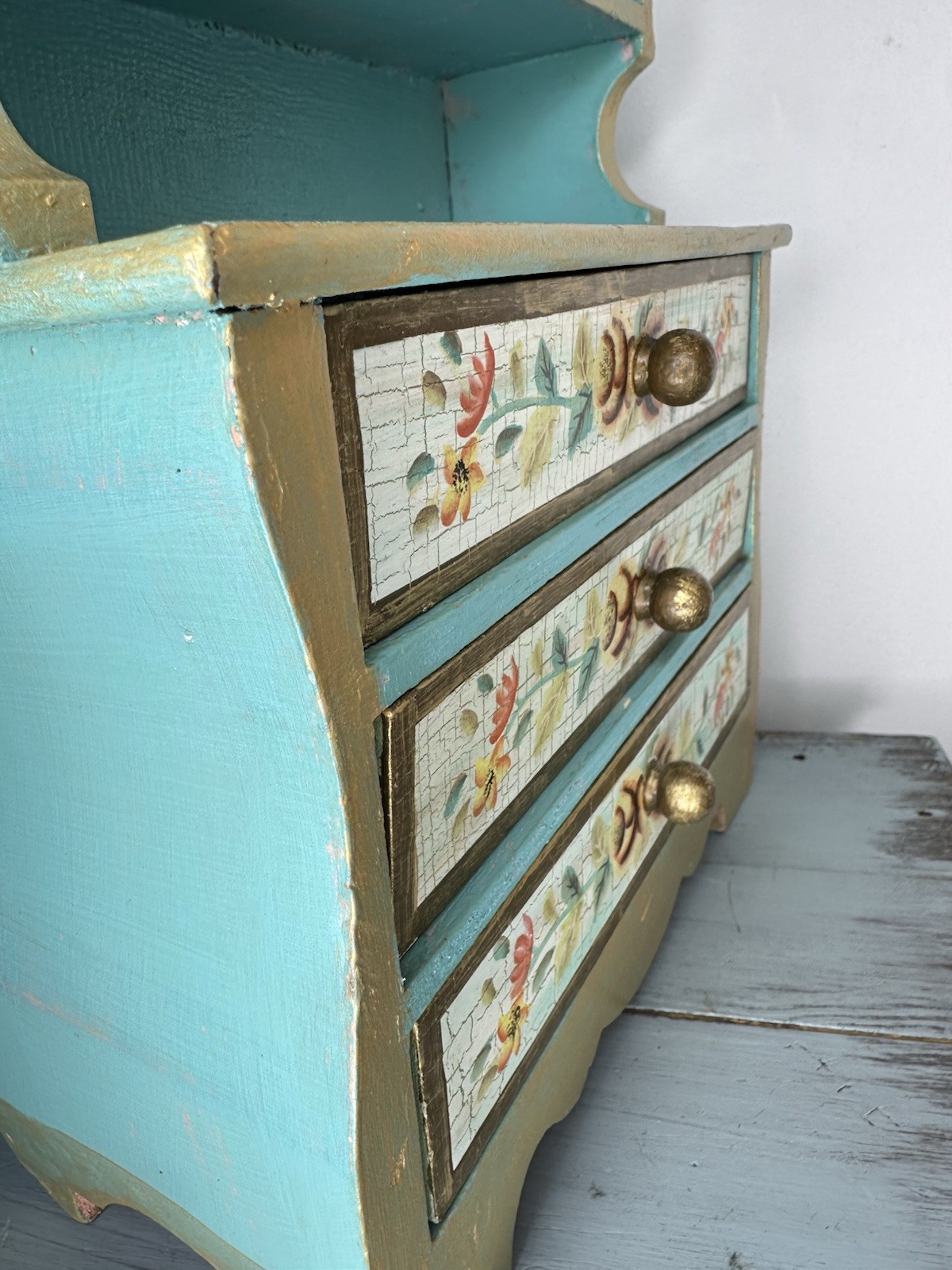 Salesman’s Sample Wood Hutch Buffet Doll Furniture Drawers Crackle Flowers 16”
