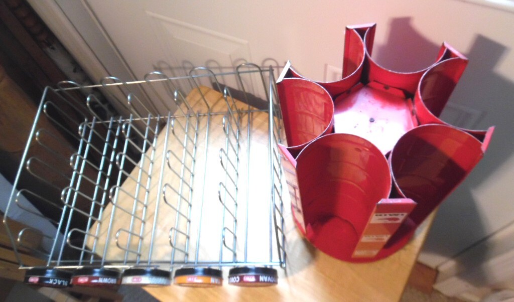 2 Vintage Store Display KIWI Shoe Polish Shoe Shine Metal Racks, red one rotates
