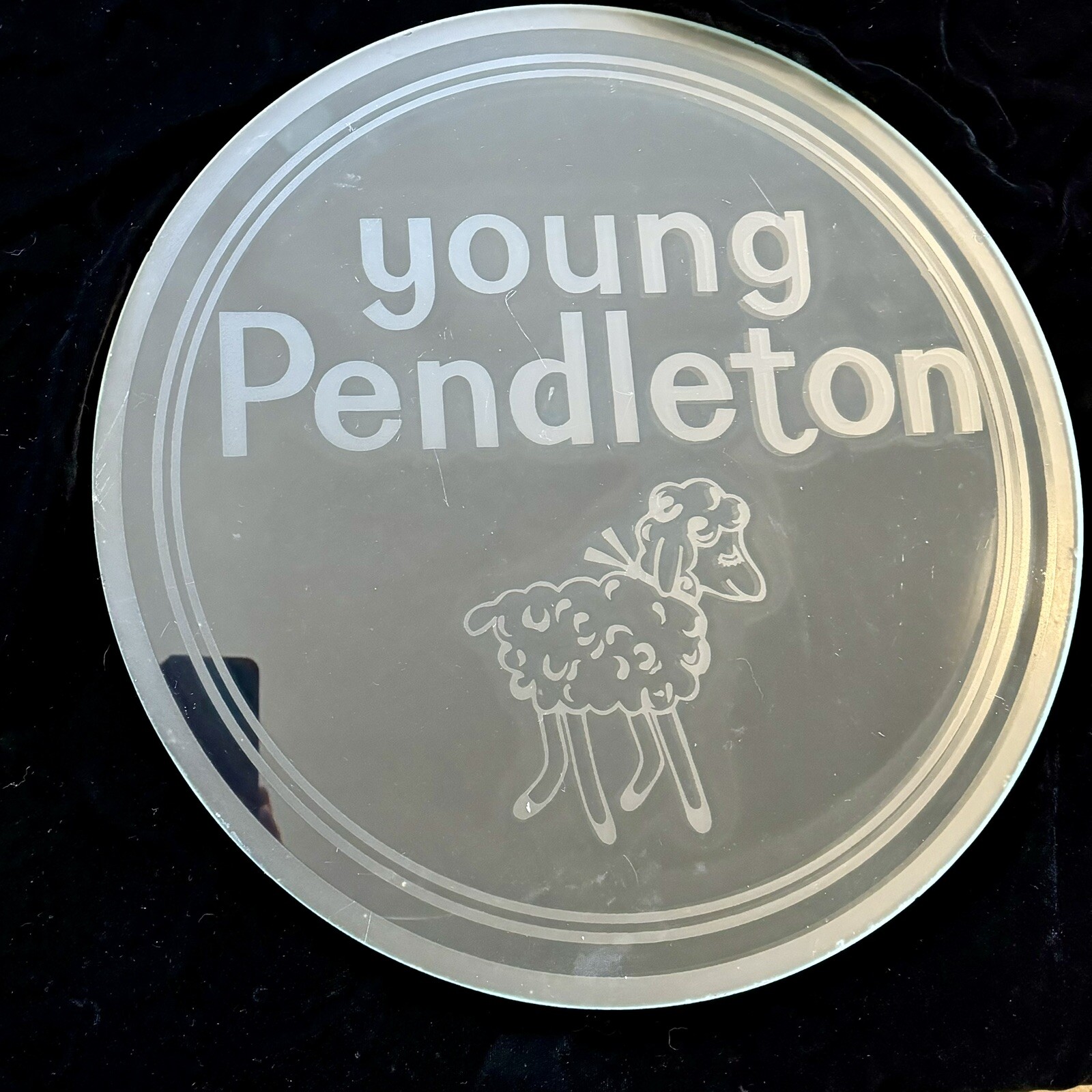 Rare Young Pendleton Round Glass Etched Sign With Lamb 17″ Diameter Vintage