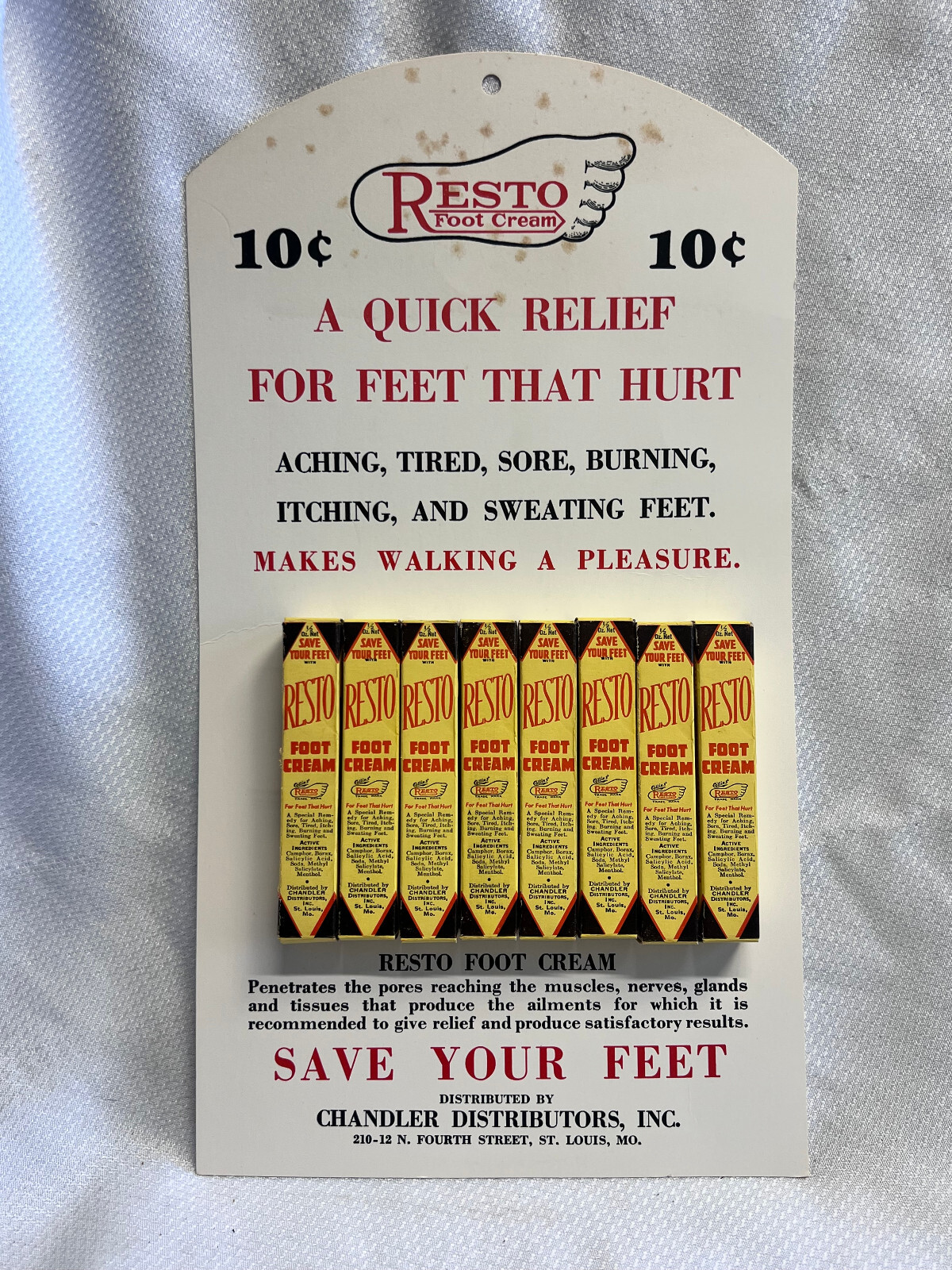 Vtg Resto Foot Cream 8 Empty Packs On Display Point Of Sale Board Chandler Dist.