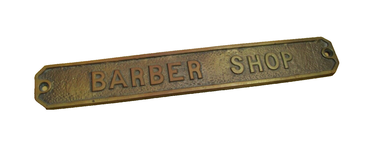 BARBER SHOP Old Embossed Store Display Advertising Sign Bronze Brass Patina
