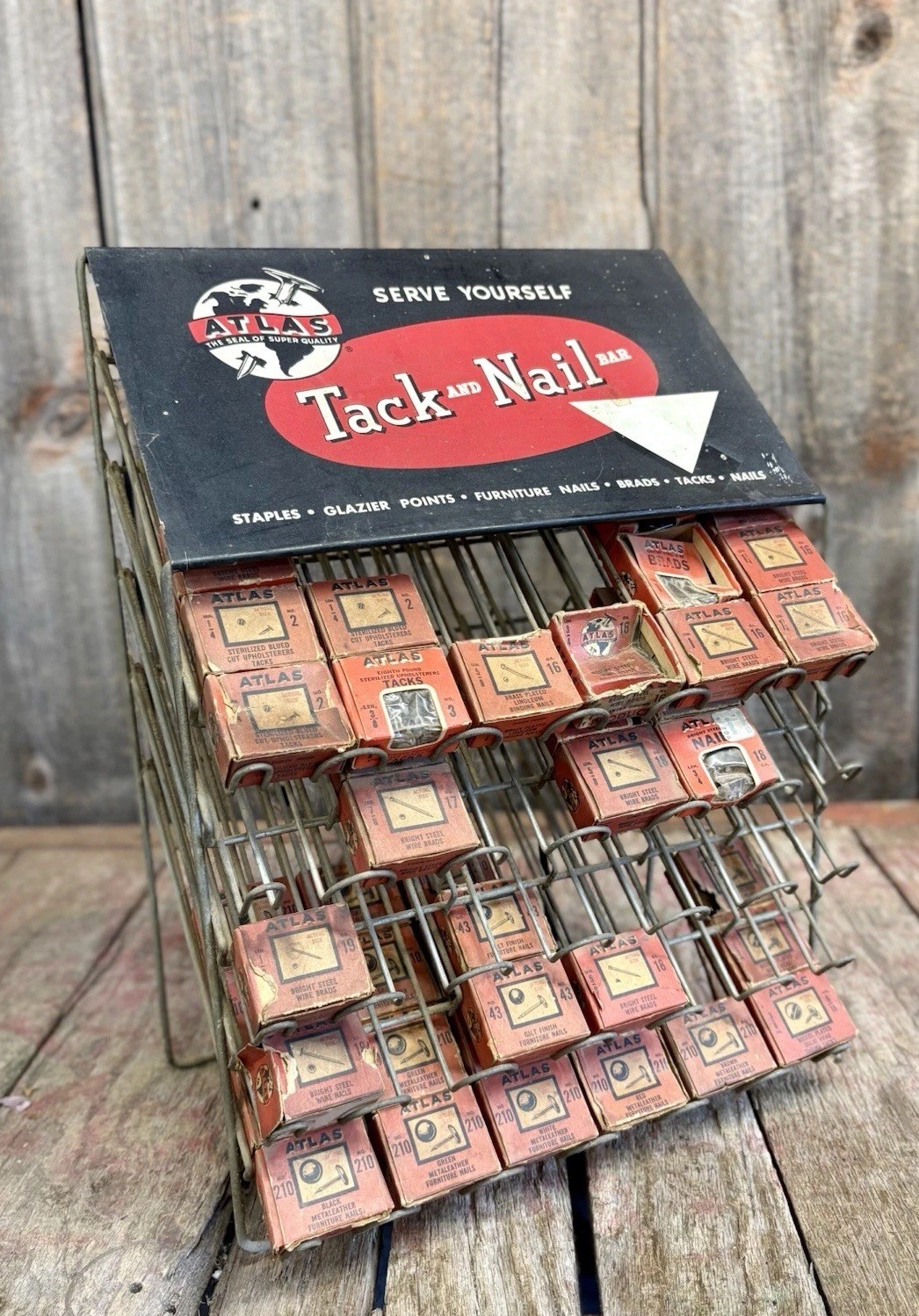 Vintage 60s Hardware Store Atlas Tack & Nail Rack Countertop Display With Boxes