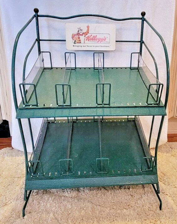 VTG ORG Kellogg’s Cereal Store Display Rack Green Metal Countertop Stand Retro