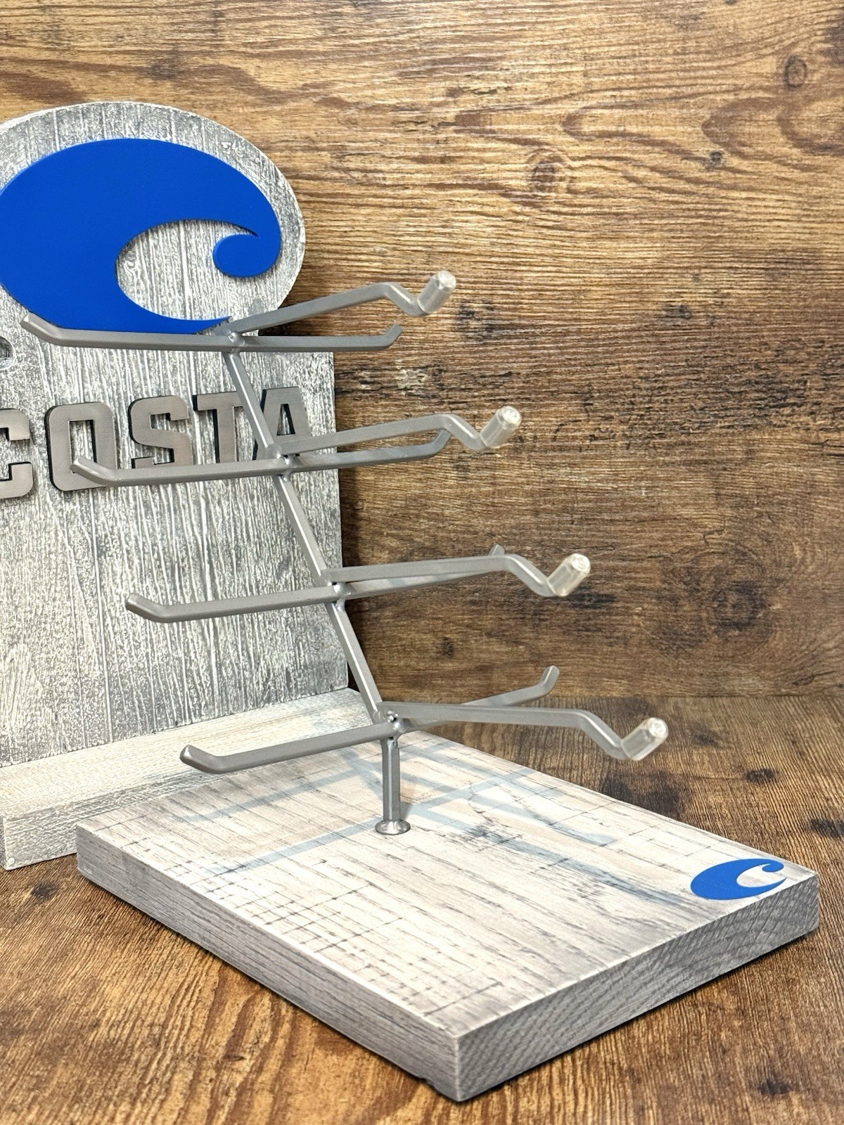 Costa Del Mar 4-Slot Sunglasses Display Stand & Wooden Advertising Sign Set