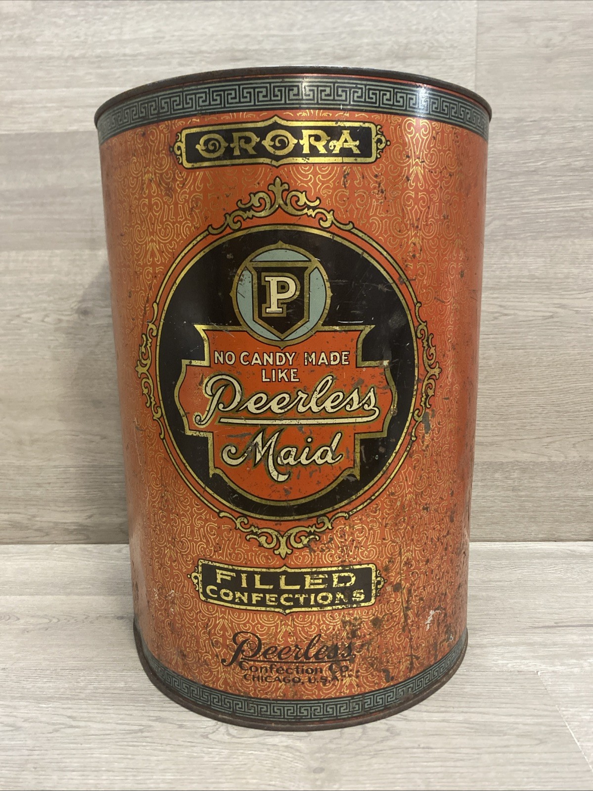ANTIQUE EARLY 1900’S LARGE PEERLESS MAID COUNTRY STORE CANDY TIN DISPLAY 14”