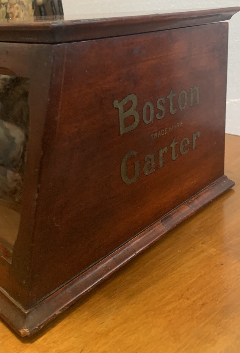 Antique Boston Garter Store Display Cabinet Advertising Case Mahogany 14x11x8”