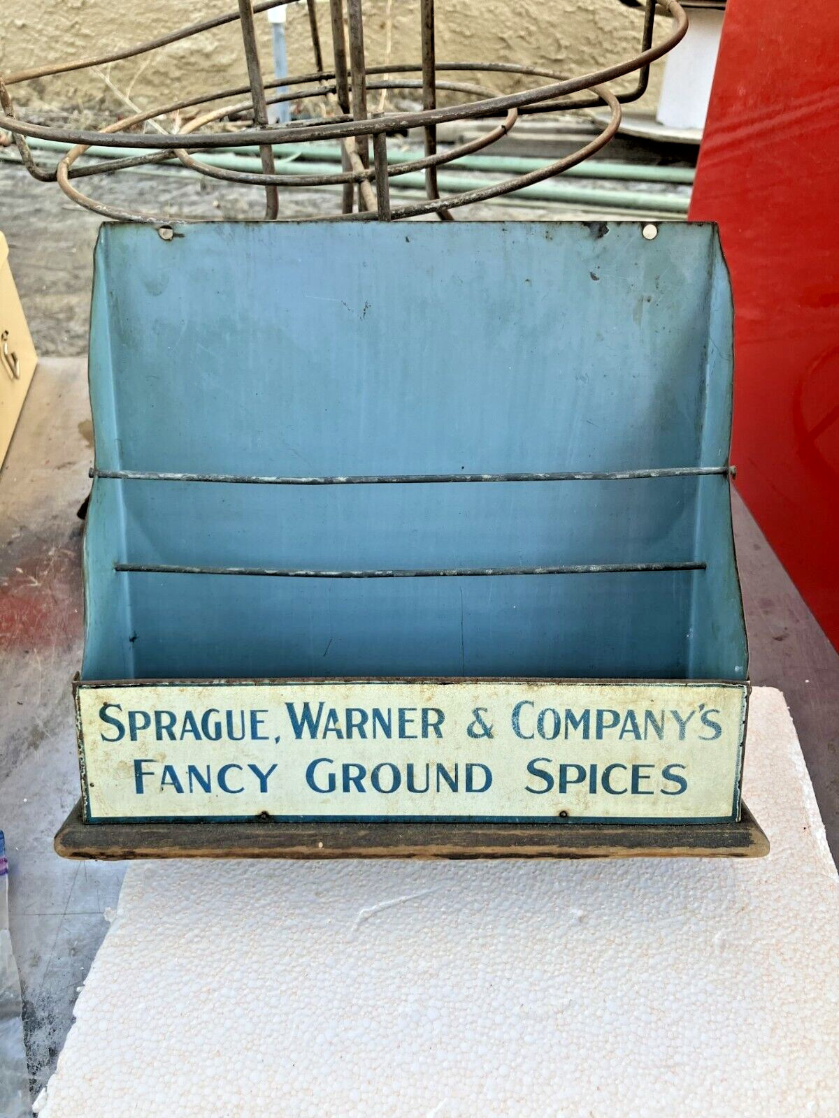 Vintage SPRAGUE WARNER & COMPANYS GROUND SPICE TIN ADVERTISING RACK DISPLAY SIGN
