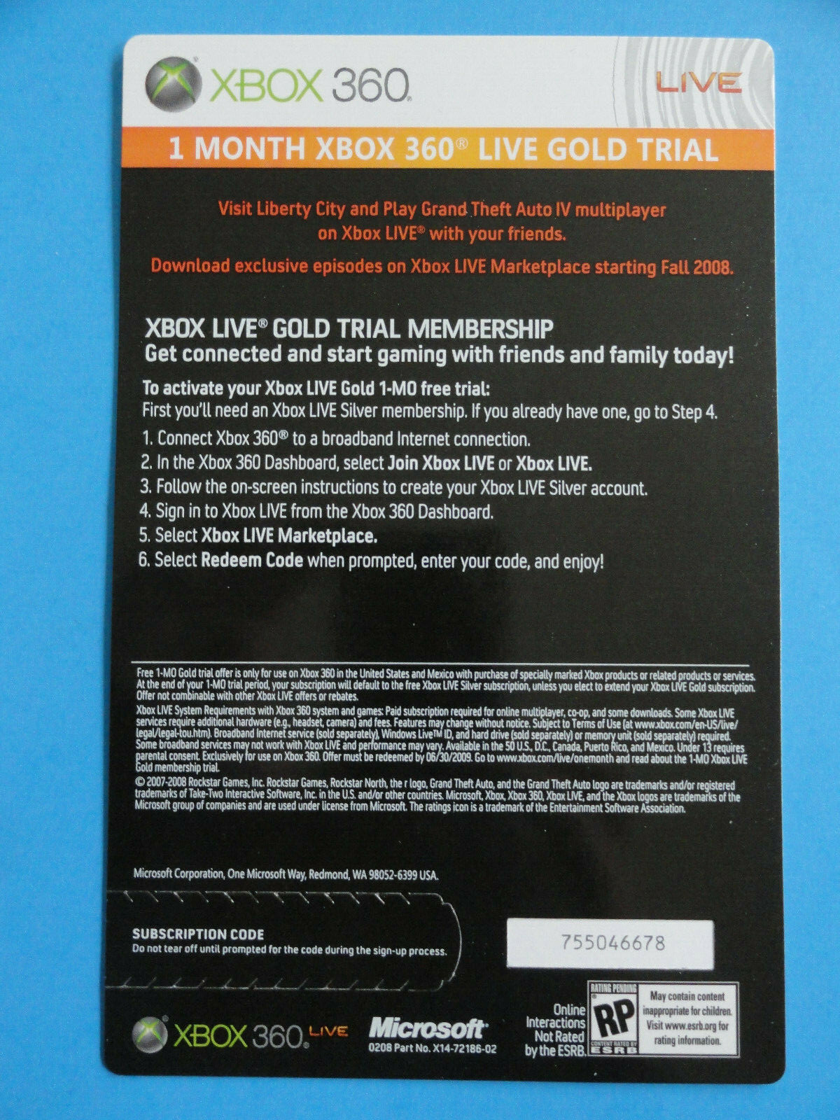 XBOX 360 GRAND THEFT AUTO IV LIVE GOLD TRIAL CARD – NO CODES – COLLECTIBLE 2007