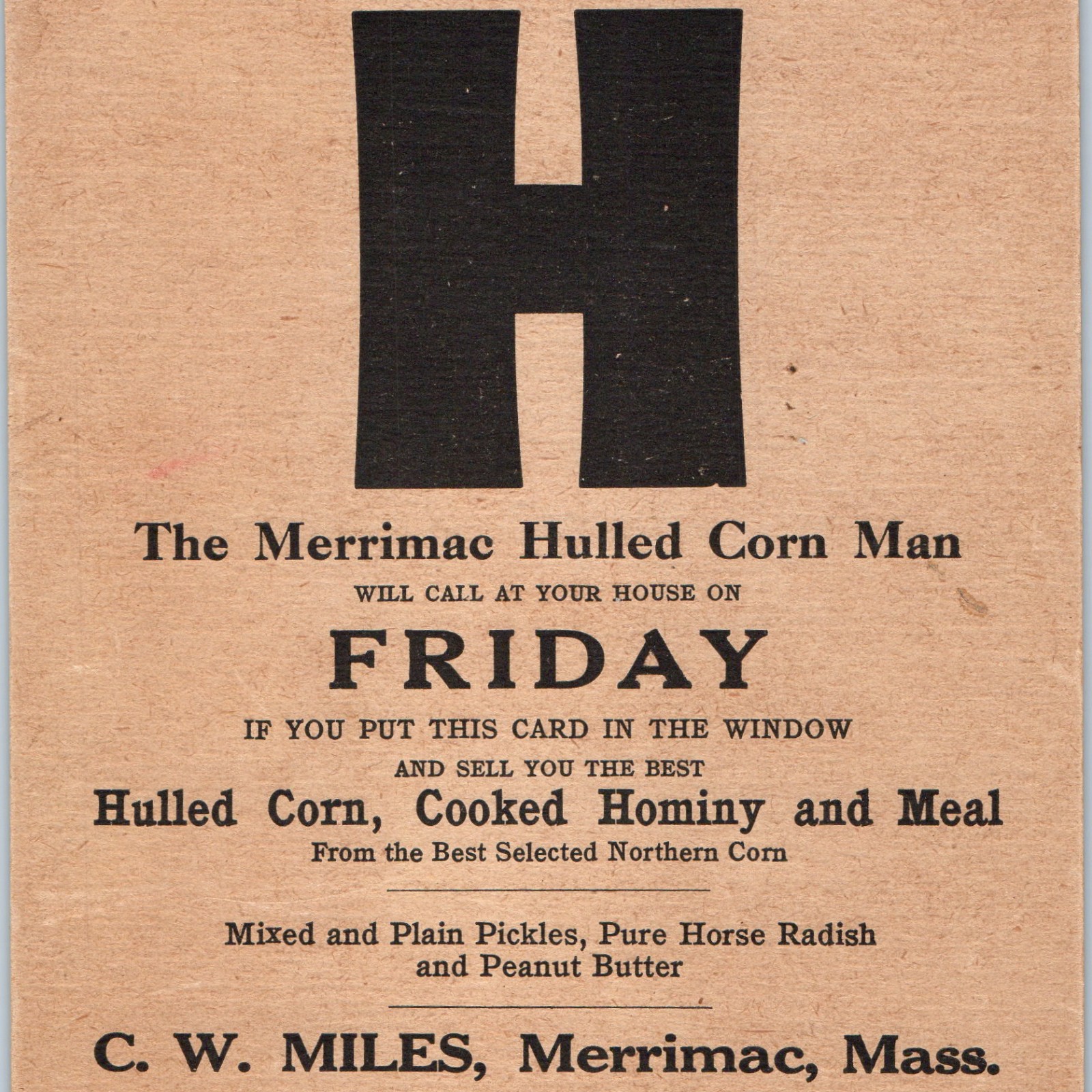 Antique Merrimac Hulled Corn Man Window Sign Card C W Miles Hominy Pickles Mass