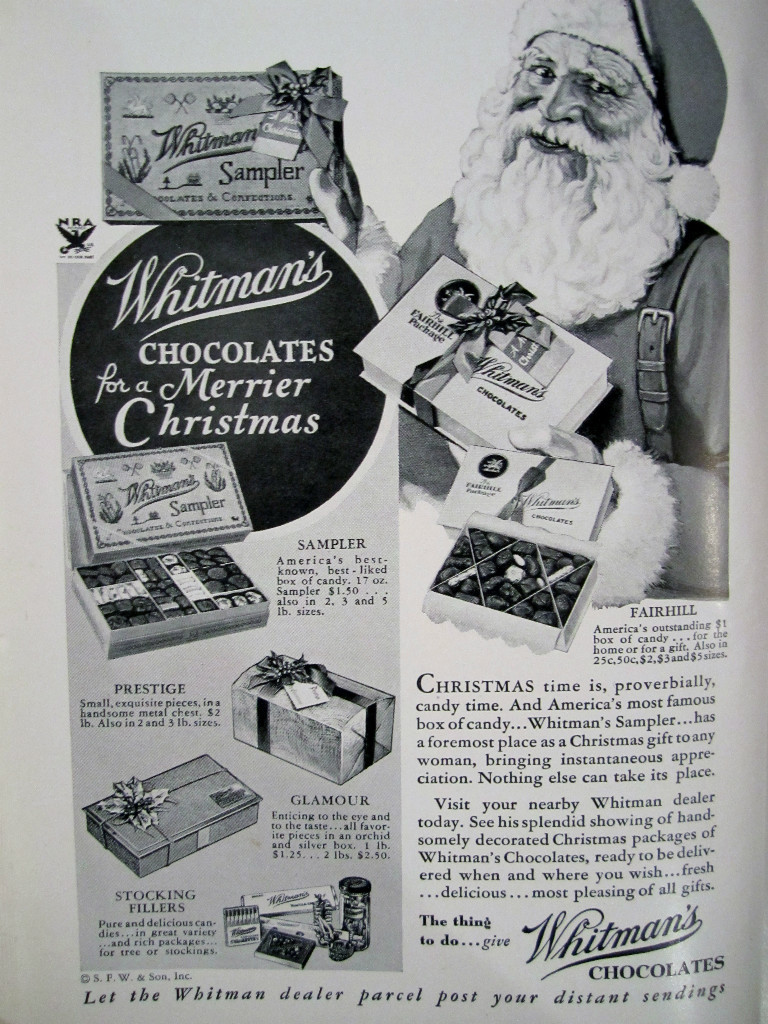 1933 Christmas WHITMAN’S CHOCOLATES SAMPLER STOCKING STUFFERS W SANTA Sign Ad