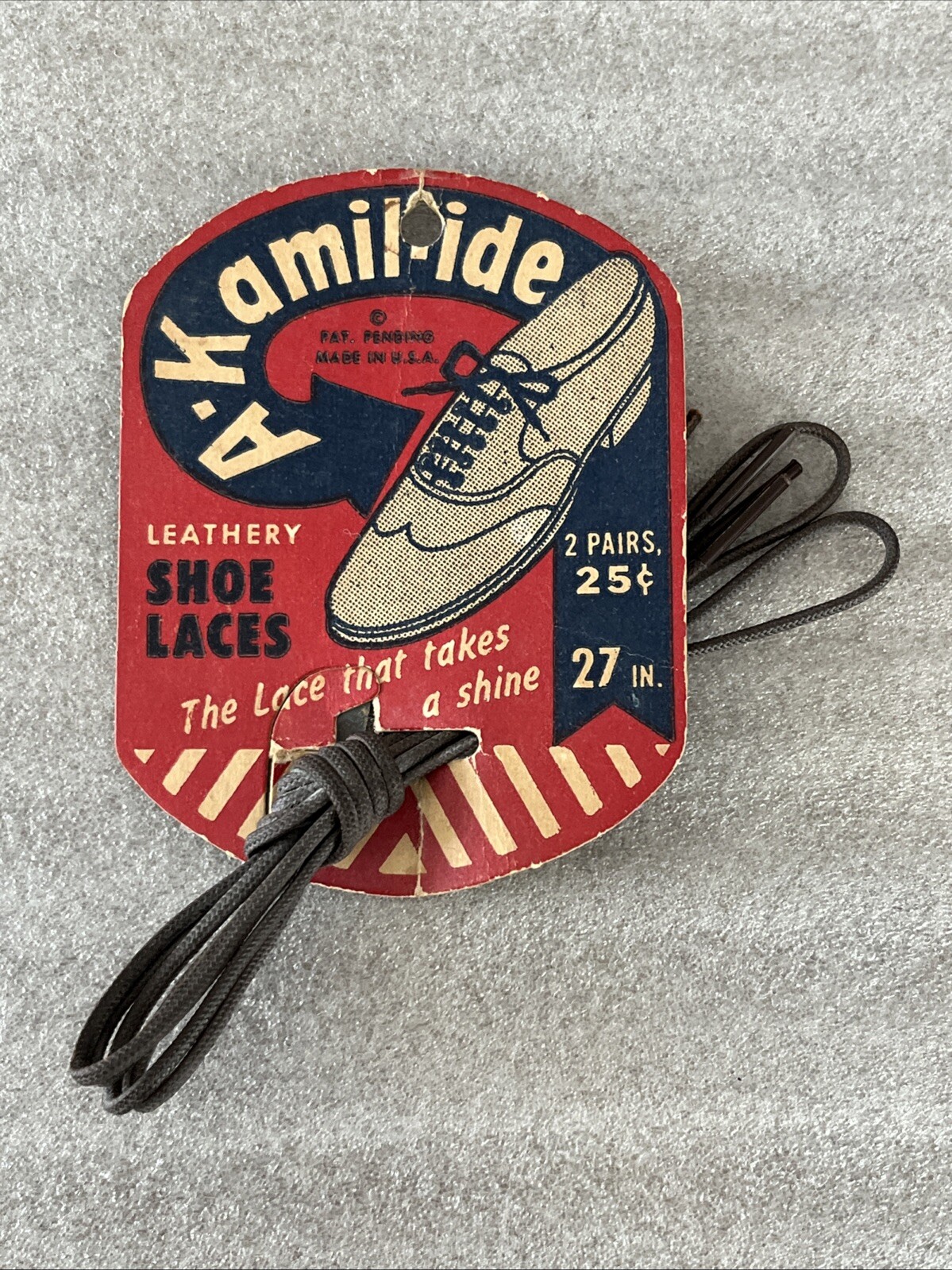 VTG Original 1940s A-Kamil-ide Shoe Lace Display Card 1 Pair Brown Laces NOS