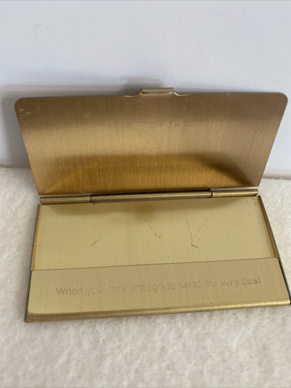 Vtg 1.5″ x 3″ Hallmark Gold Tone Stamp Holder “When you care about sending Best”