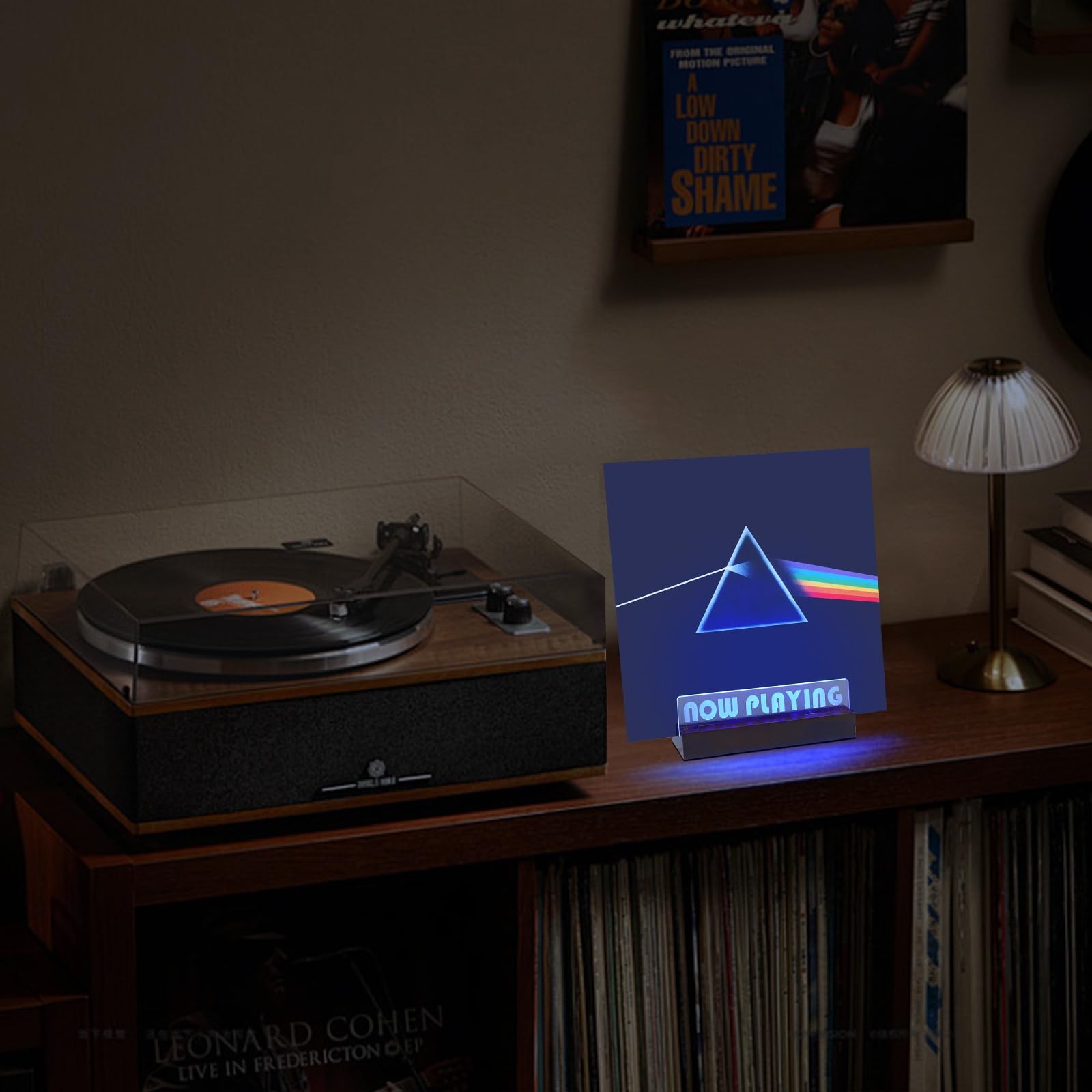 ZEDKEHO Now Playing Vinyl Record Stand – LED Light Brown