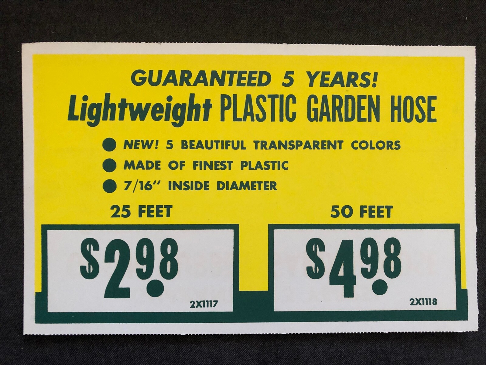 Vintage STORE SIGN Cardboard Lightweight Plastic Garden Hose Guaranteed 5yrs #6