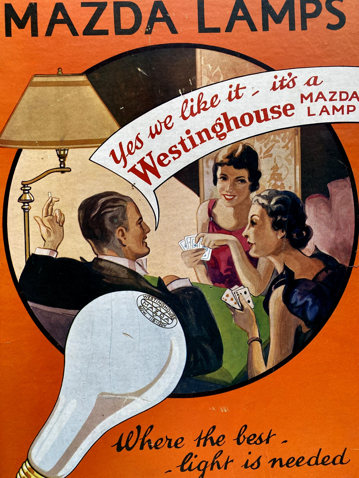 1920’s Westinghouse Mazda Lamps Cardboard Advertising Display Easel Sign 18 x 12