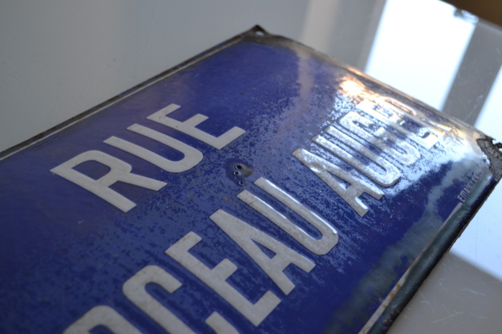 old domed enamelled sheet metal plaque from rue Marceau Auger Bois-Colombes Paris