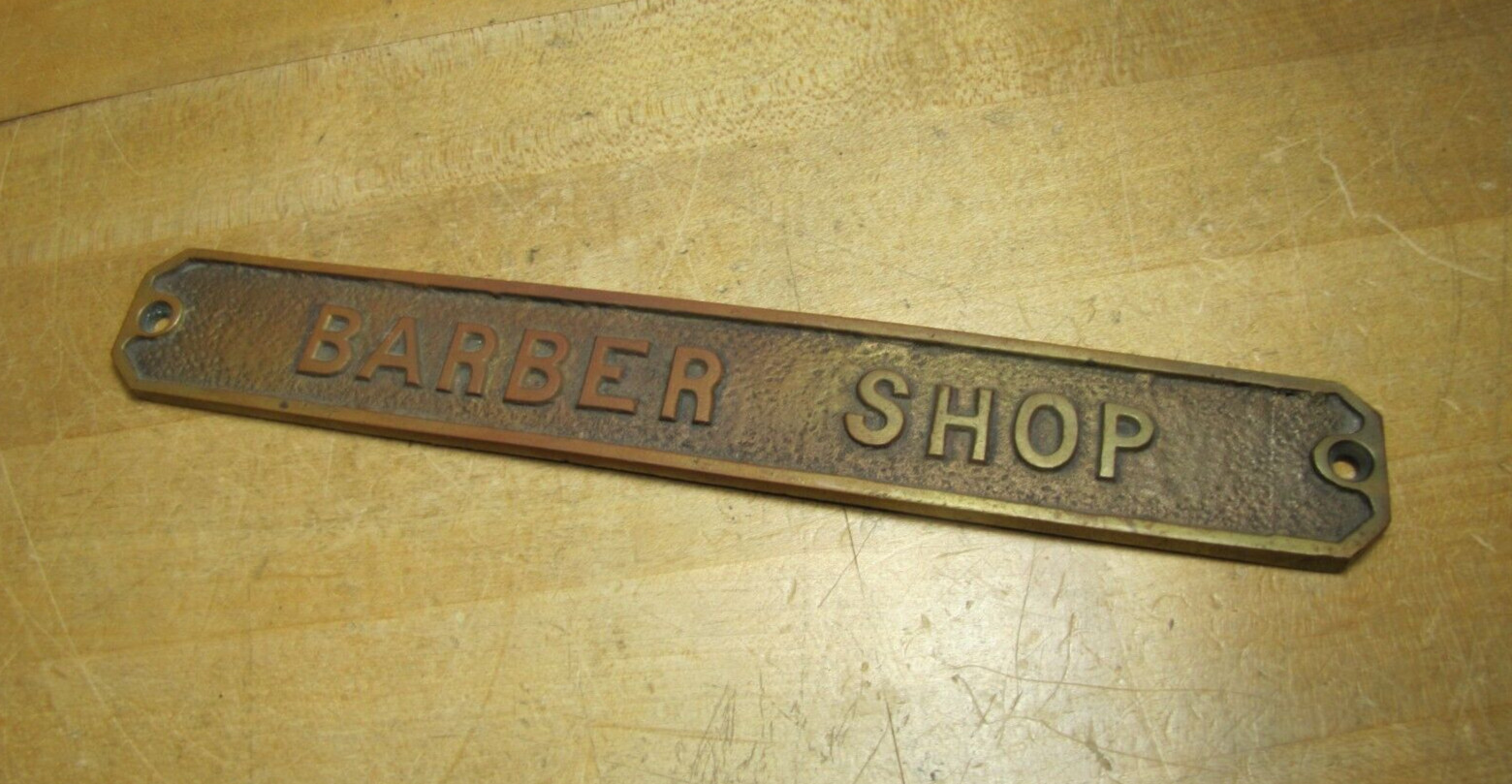 BARBER SHOP Old Embossed Store Display Advertising Sign Bronze Brass Patina