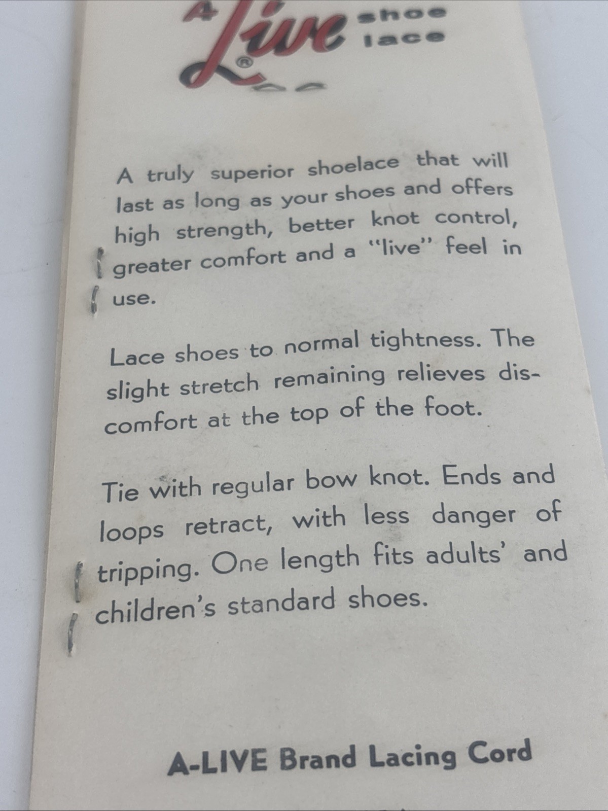 Vintage A-Live Shoelace Display Card Pepperell 1960s USA Advertising Burgundy