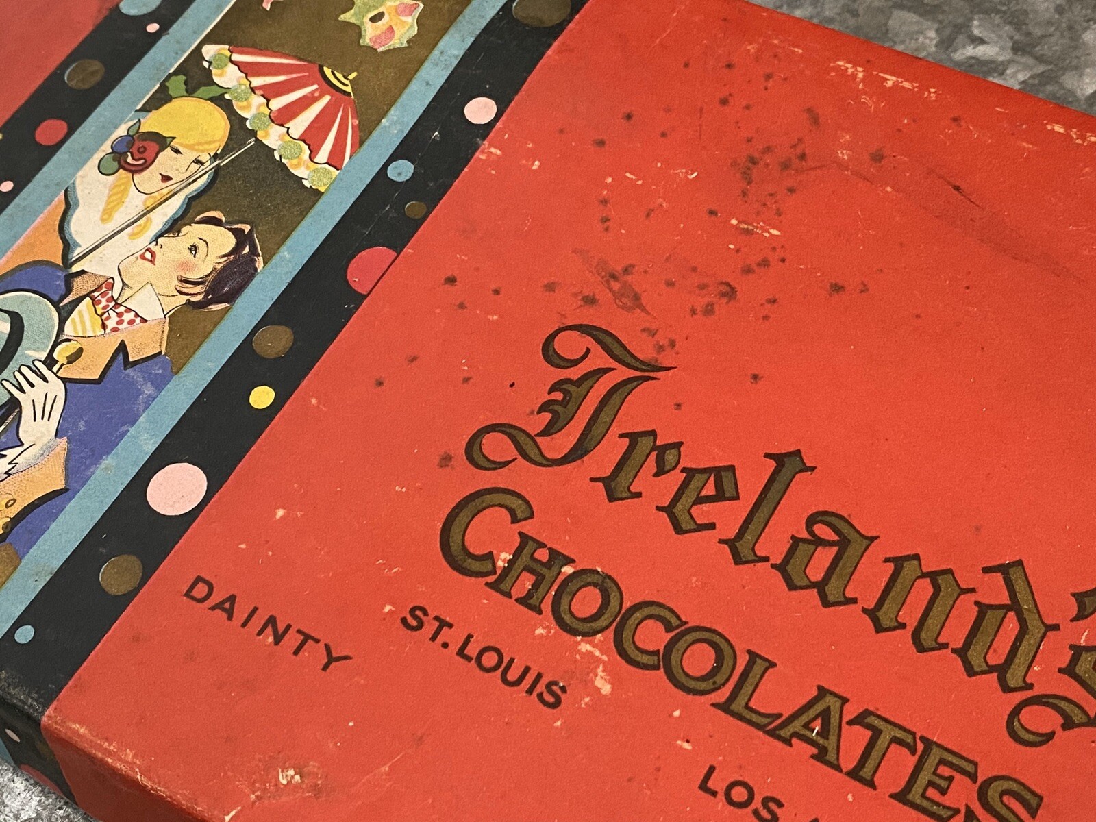 Circa 1910 Frelands Dainty Chocolates Box St Louis Los Angeles Parasol Art Deco