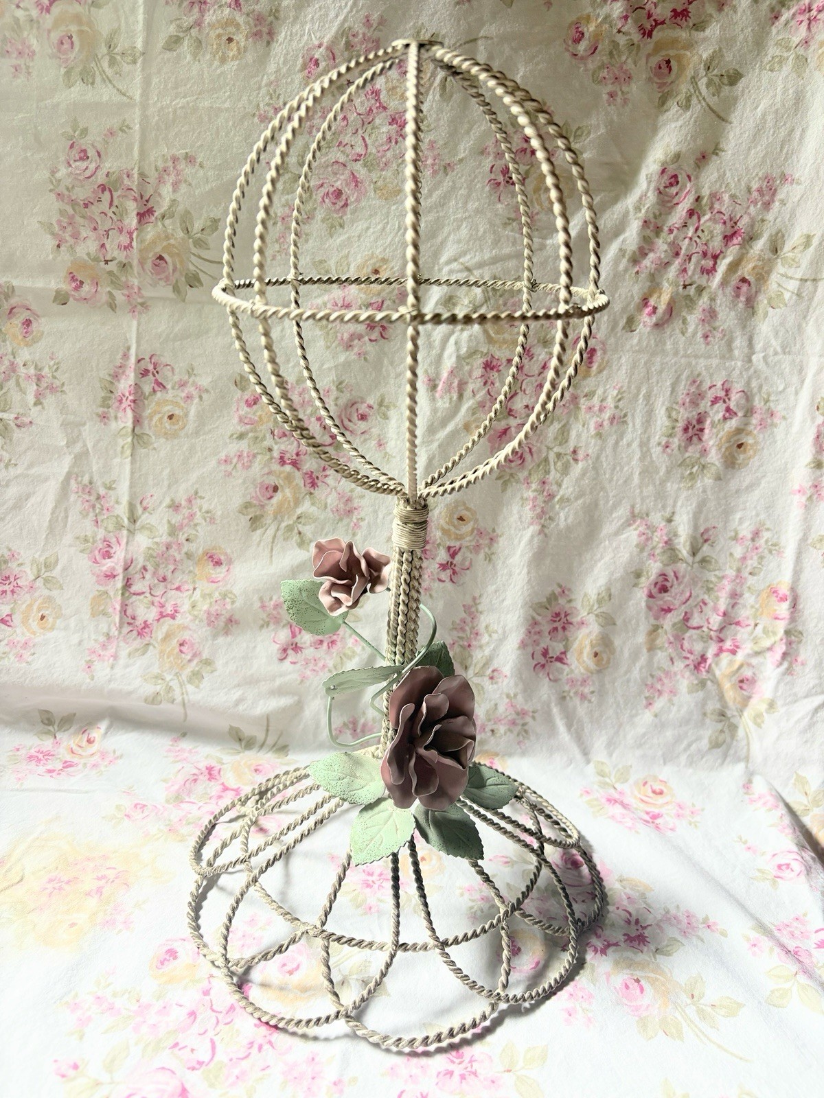 Vintage Shabby Hat Wig Stand Holder Twisted Wire Metal Pale Pink Roses 16”