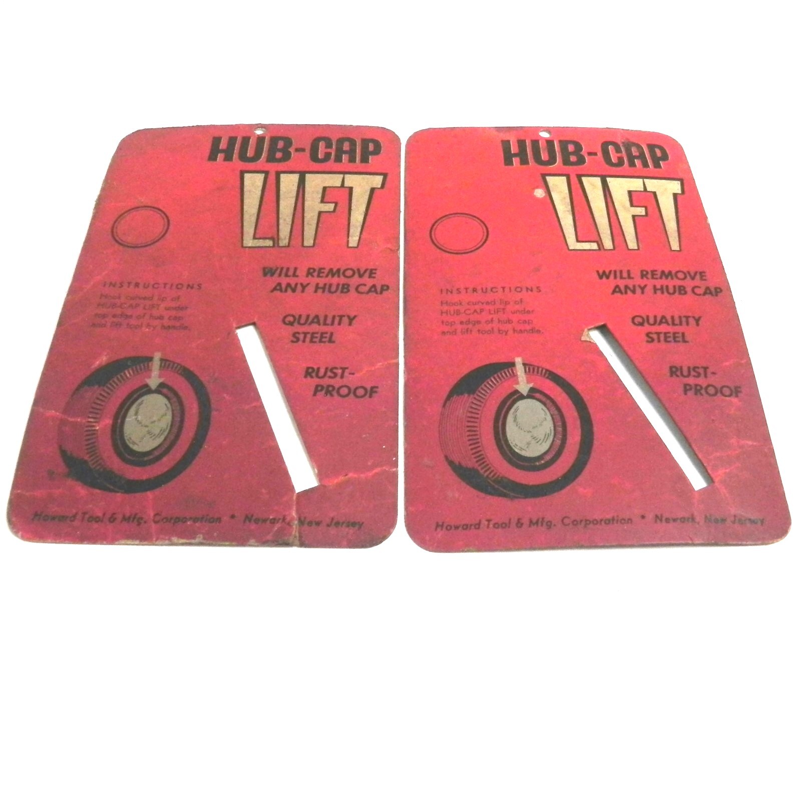 LOT OF 2 VINTAGE HUB-CAP LIFT CAP REMOVER PACKAGING DISPLAY CARBOARD TORN USED