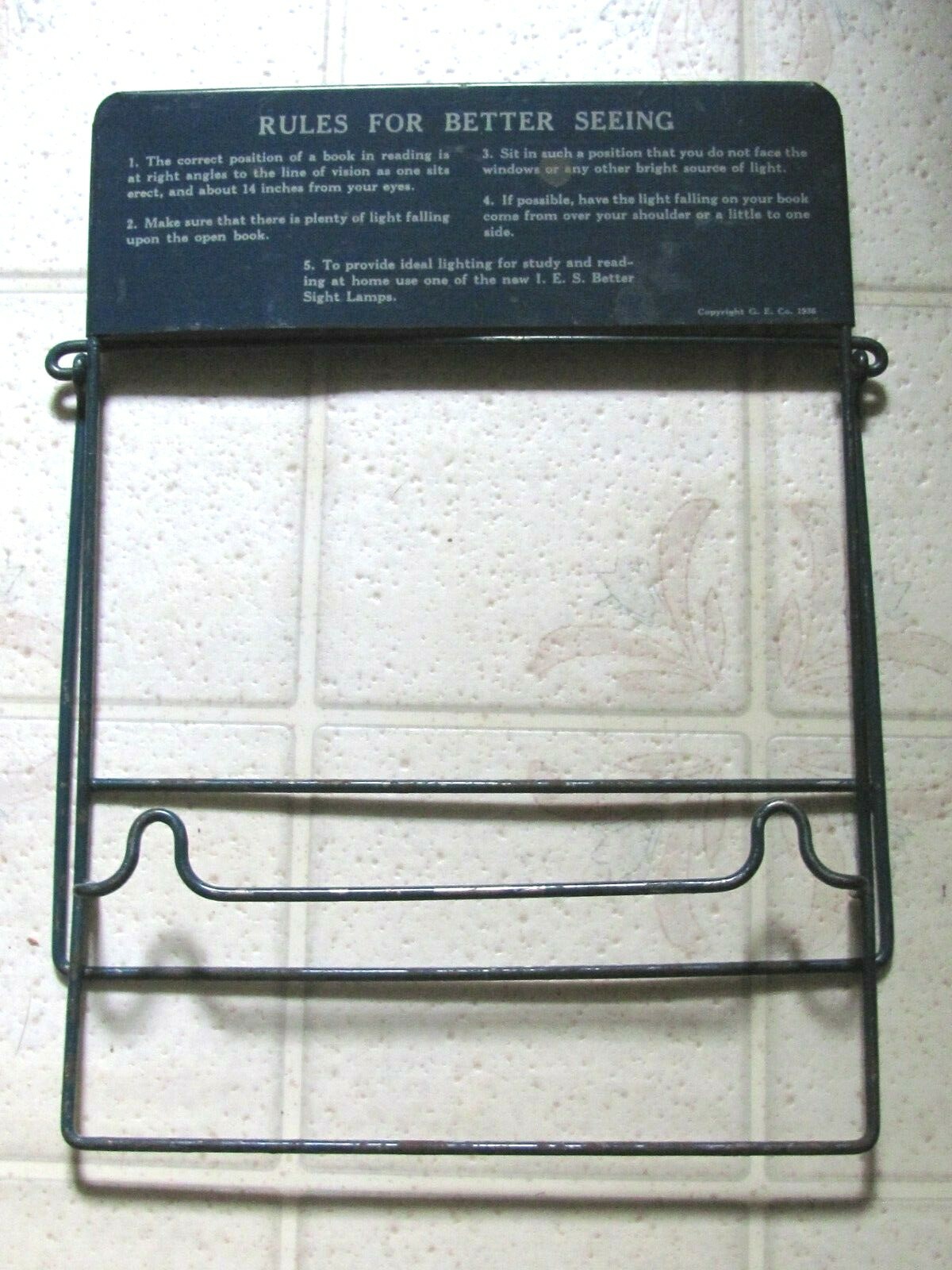c 1936 ADVERTISING METAL BOOK READING STAND SIGN BETTER SIGHT LAMPS G.E.CO