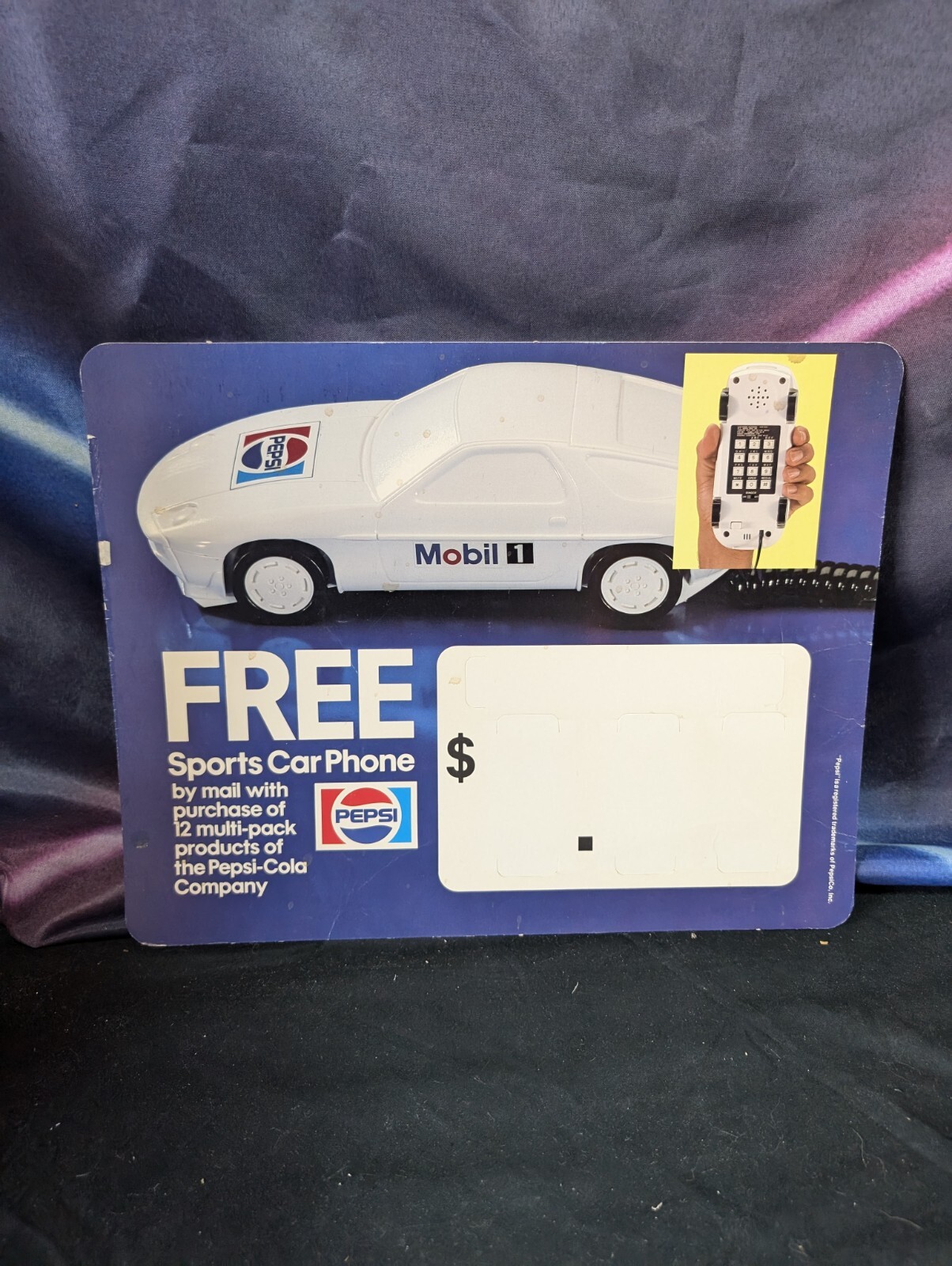 Vtg 80s Pepsi Free Sports Car Phone 11 x 14 Grocery Store Convenience Sign Ad