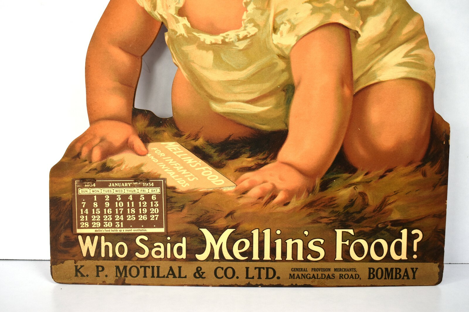 Vintage Mellin’s Food Baby Die Cut Advertising Sign Cardboard Calendar C 1930″F3