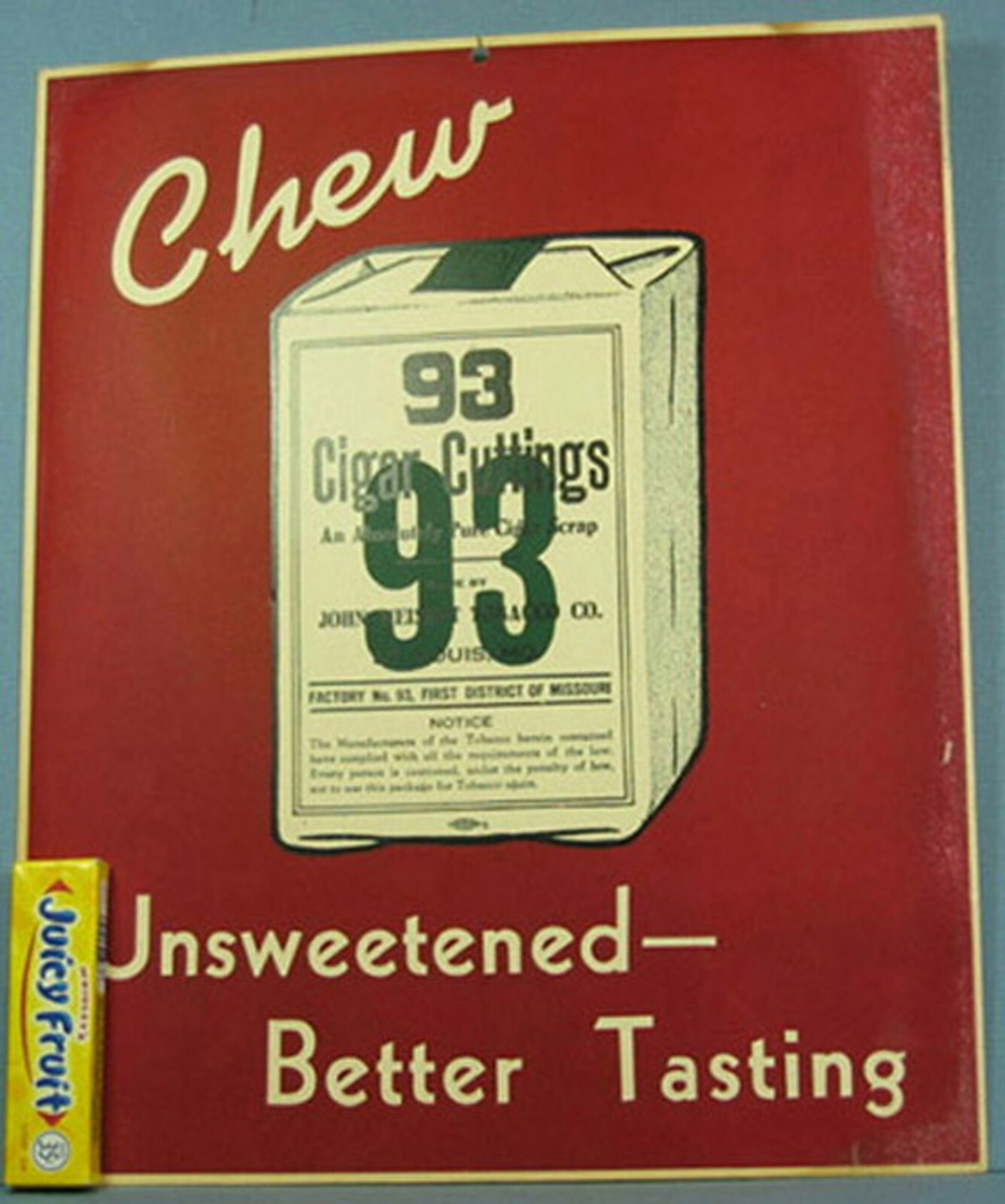 OLD AUTHENTIC “93” CIGAR CUTTINGS CARDBOARD SIGN J WEISERT TOBBACO CO AD757