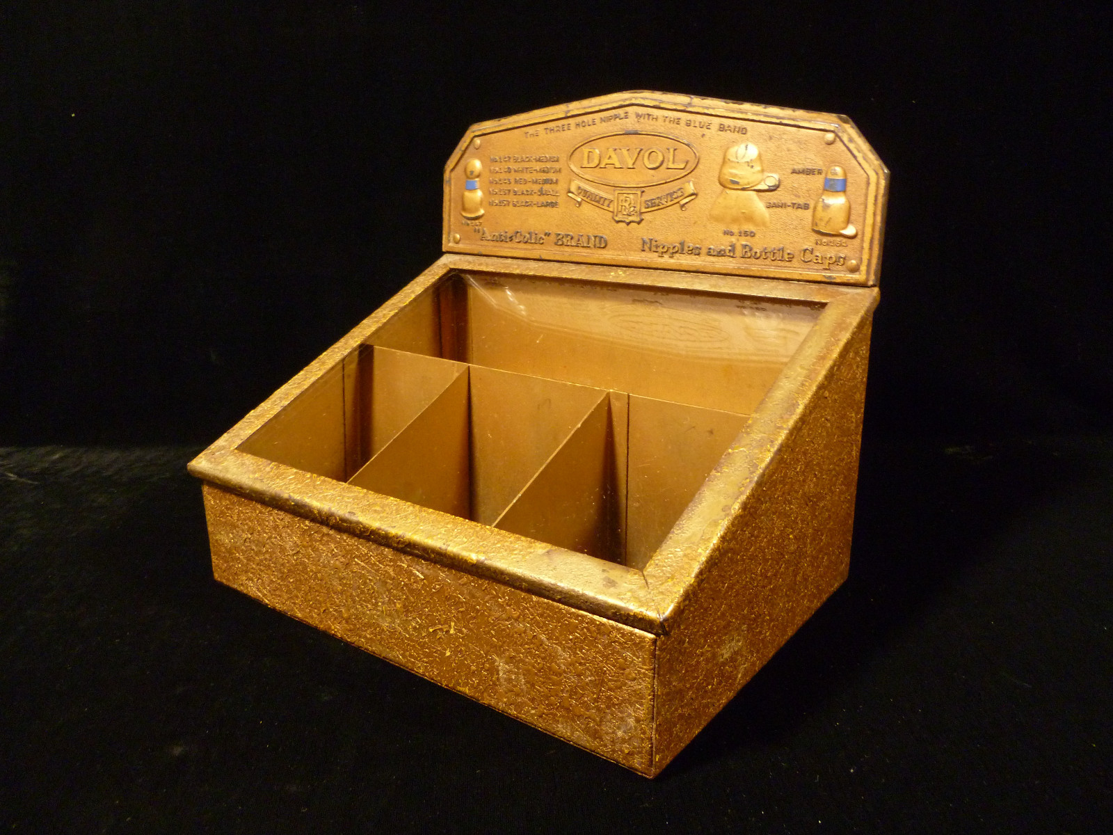 DAVOL NIPPLES & BOTTLE CAPS COUNTER TOP ADVERTISING PRODUCT DISPENSER CIRCA 1920