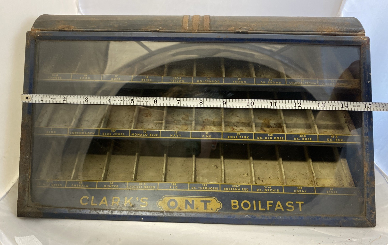 Vintage Clark’s O.N.T. Boilfast Thread Countertop Cabinet Lifting Glass Display