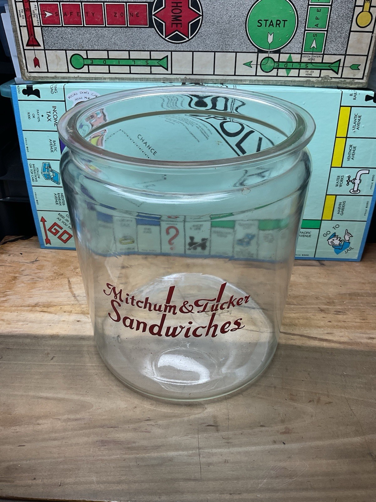 Antique Mitchum & Tucker Sandwich Glass General Store Countertop Advertising Jar