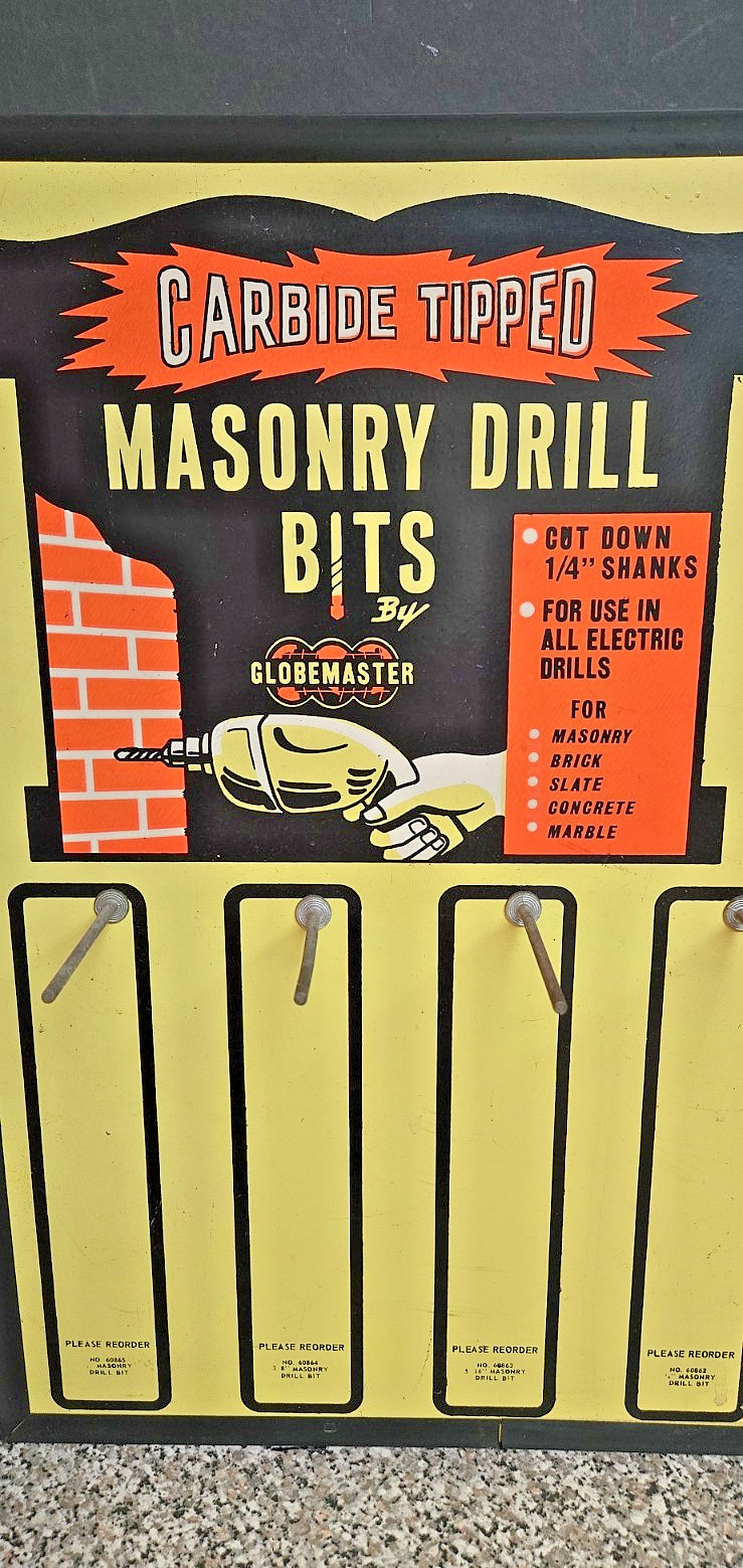 RARE VINTAGE 6o’s GLOBEMASTER DRILLBIT HARDWARE STORE DISPLAY SIGN