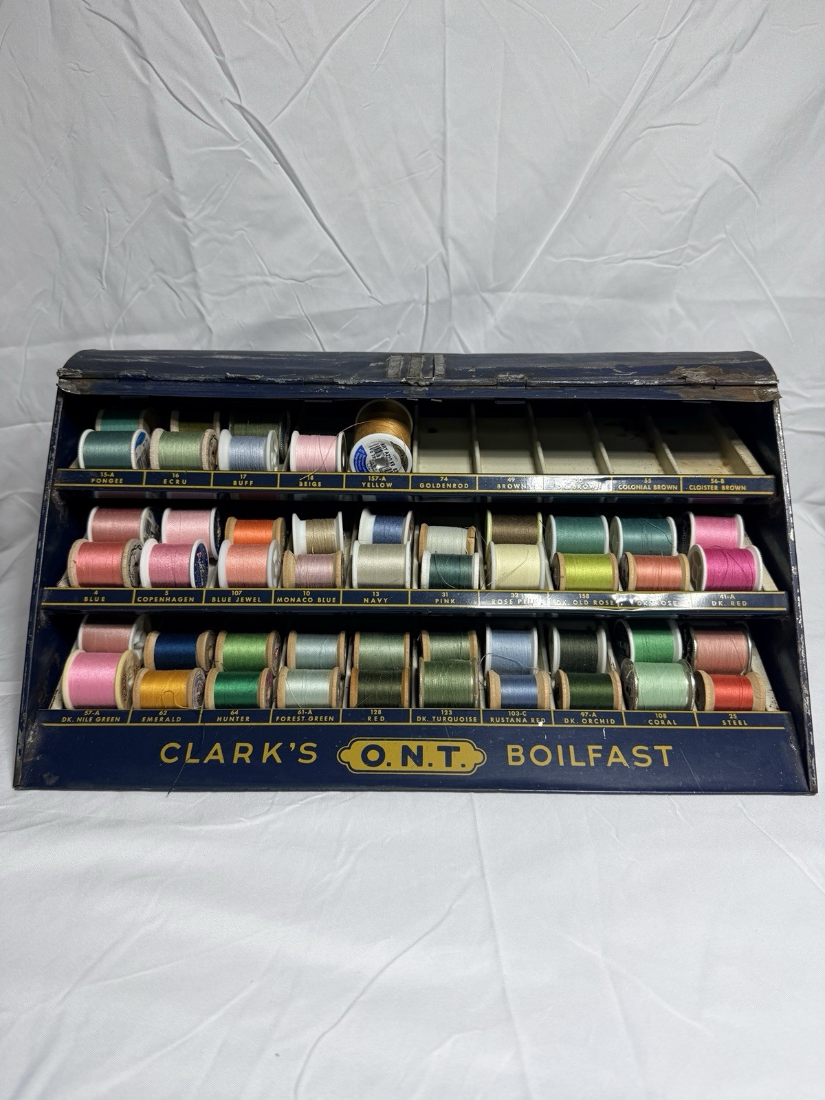 Vintage 1930s Clark’s O.N.T. Boilfast Metal Thread Display Cabinet +48 Spools