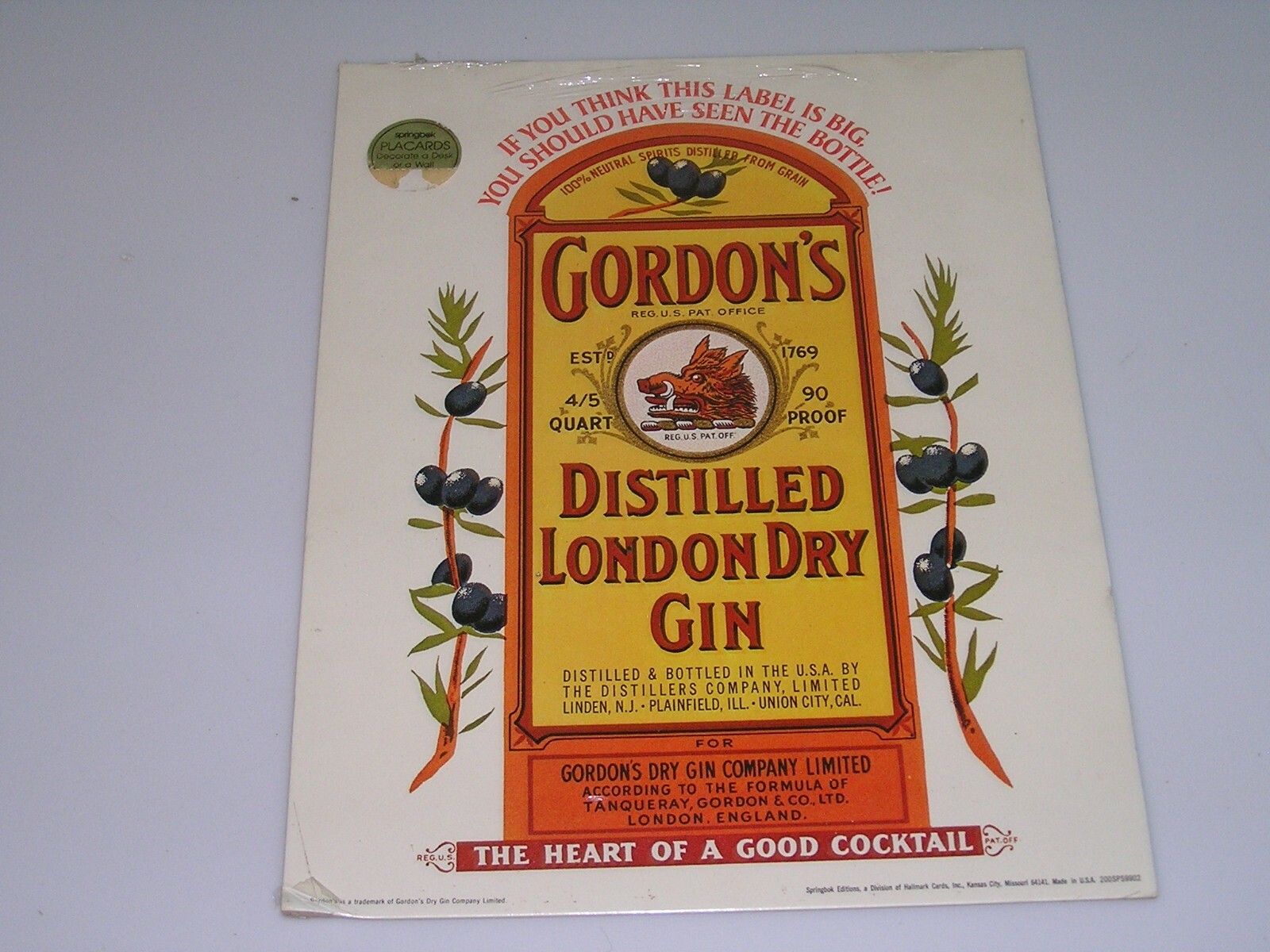 Sealed NOS Gordon’s London Dry Gin Cardboard Easel Back Advertising Sign Display