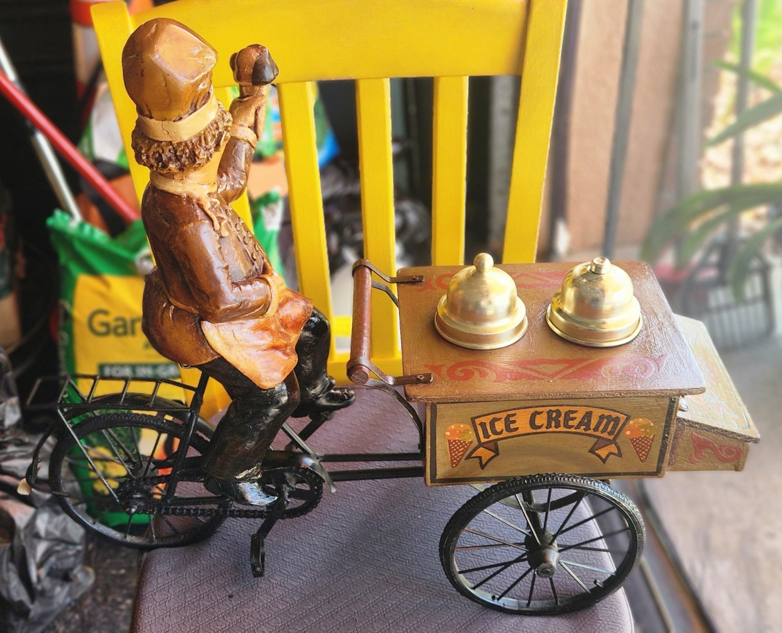 Rare HTF Metal & Wood Decorative Vintage Ice Cream 3 Wheel Bicycle n Cart+ Man