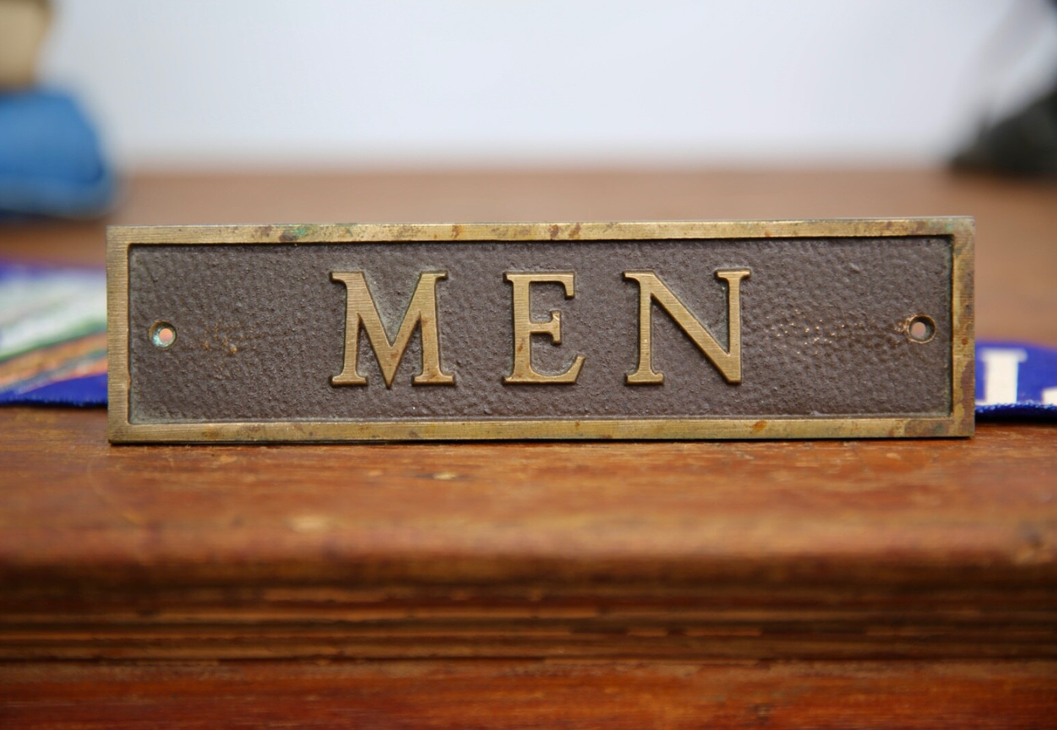 Vintage Antique MEN Restroom Bathroom Embossed Bronze Brass sign Heavy theatre