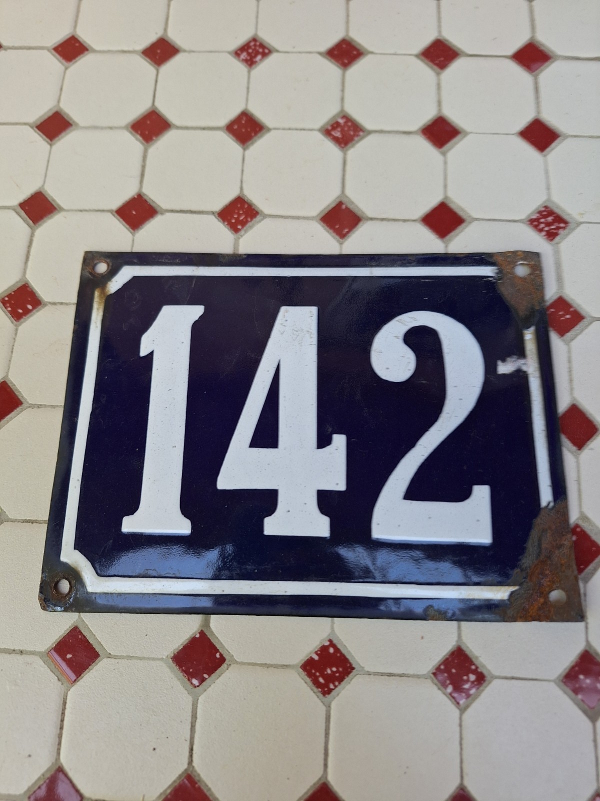 Large Antique Enameled Domed Plaque Street Number 142 20X15cm Blue Enamel