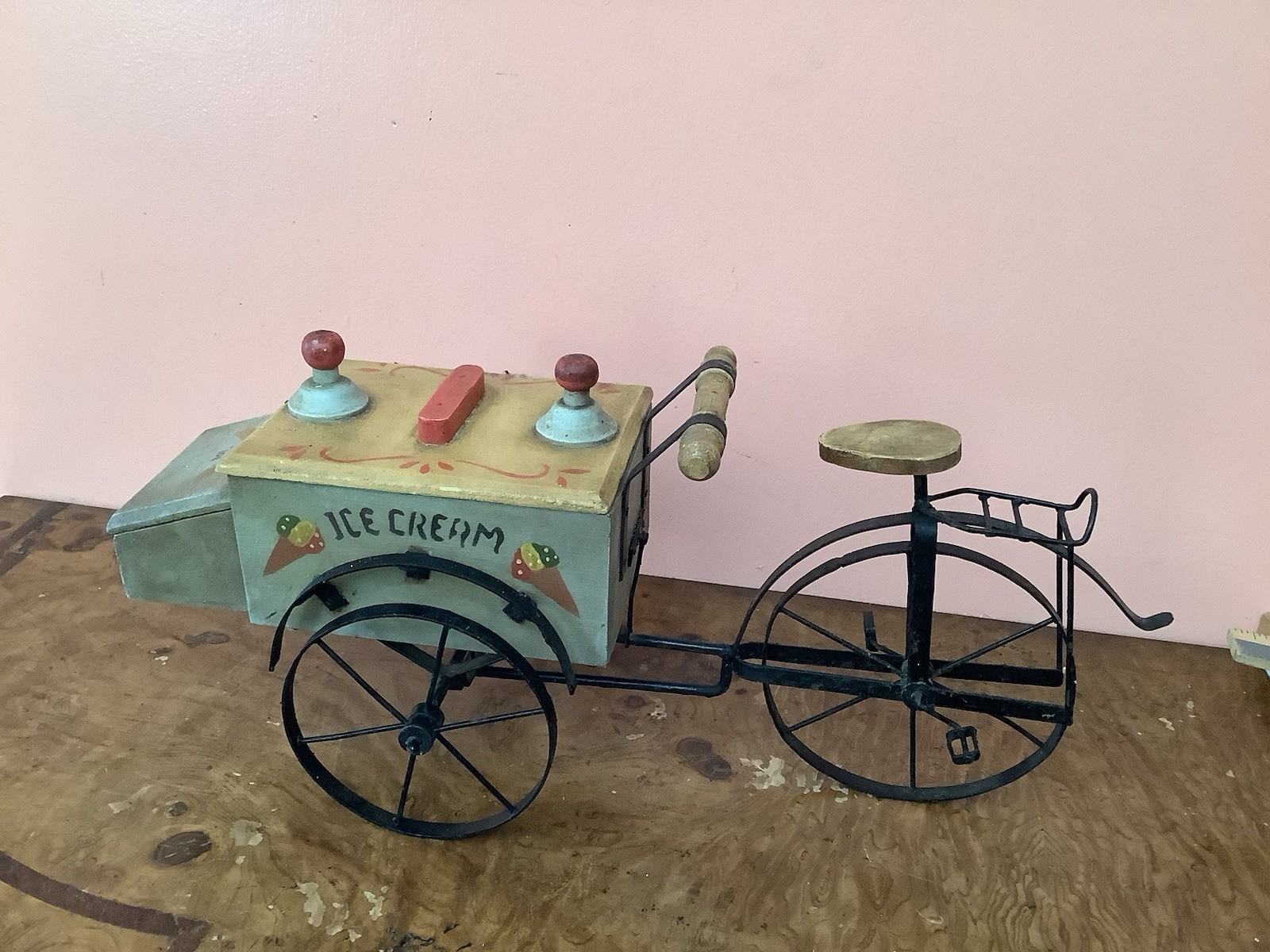 Wooden Ice Cream Vendor Cart With Metal Bicycle Hand Painted 18”X9” X 8”