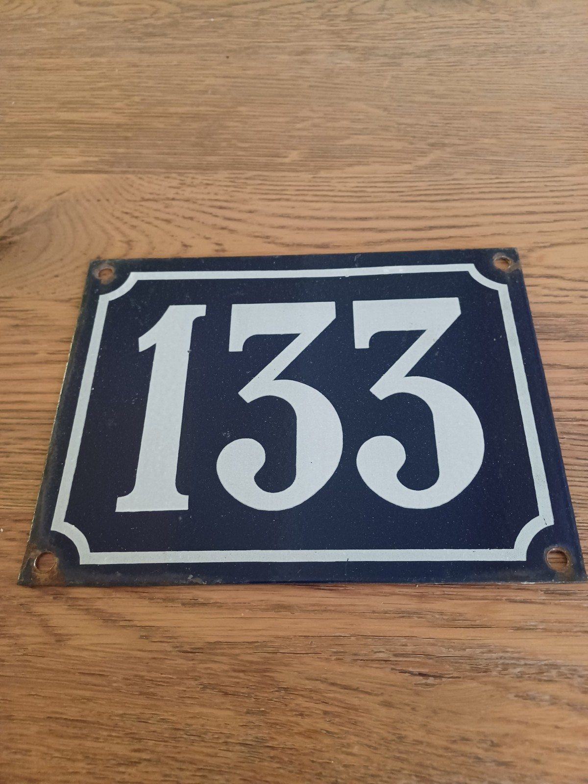 Large Antique Enameled Plaque Street Number 133 20X15cm Navy Blue Enamel