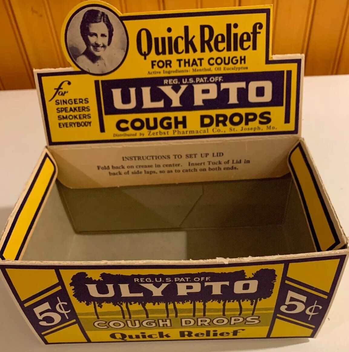 Ulypto Cough Drops Zerbst St Joseph MO Drug Grocery Store Display 1930s NOS New